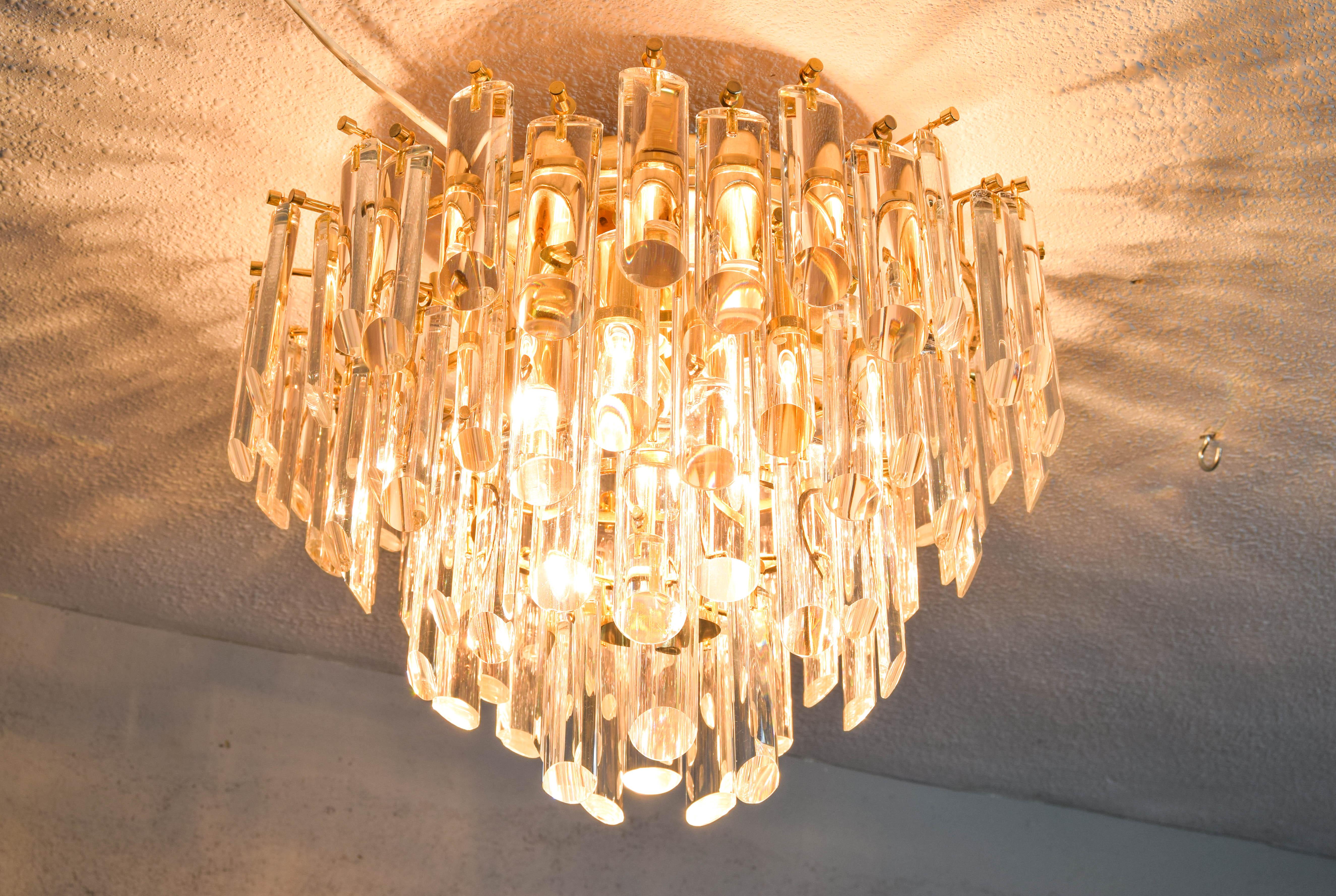 Venini MidCentury Italian Modern Four Tall Crystal Murano Flush Mount Chandelier 2