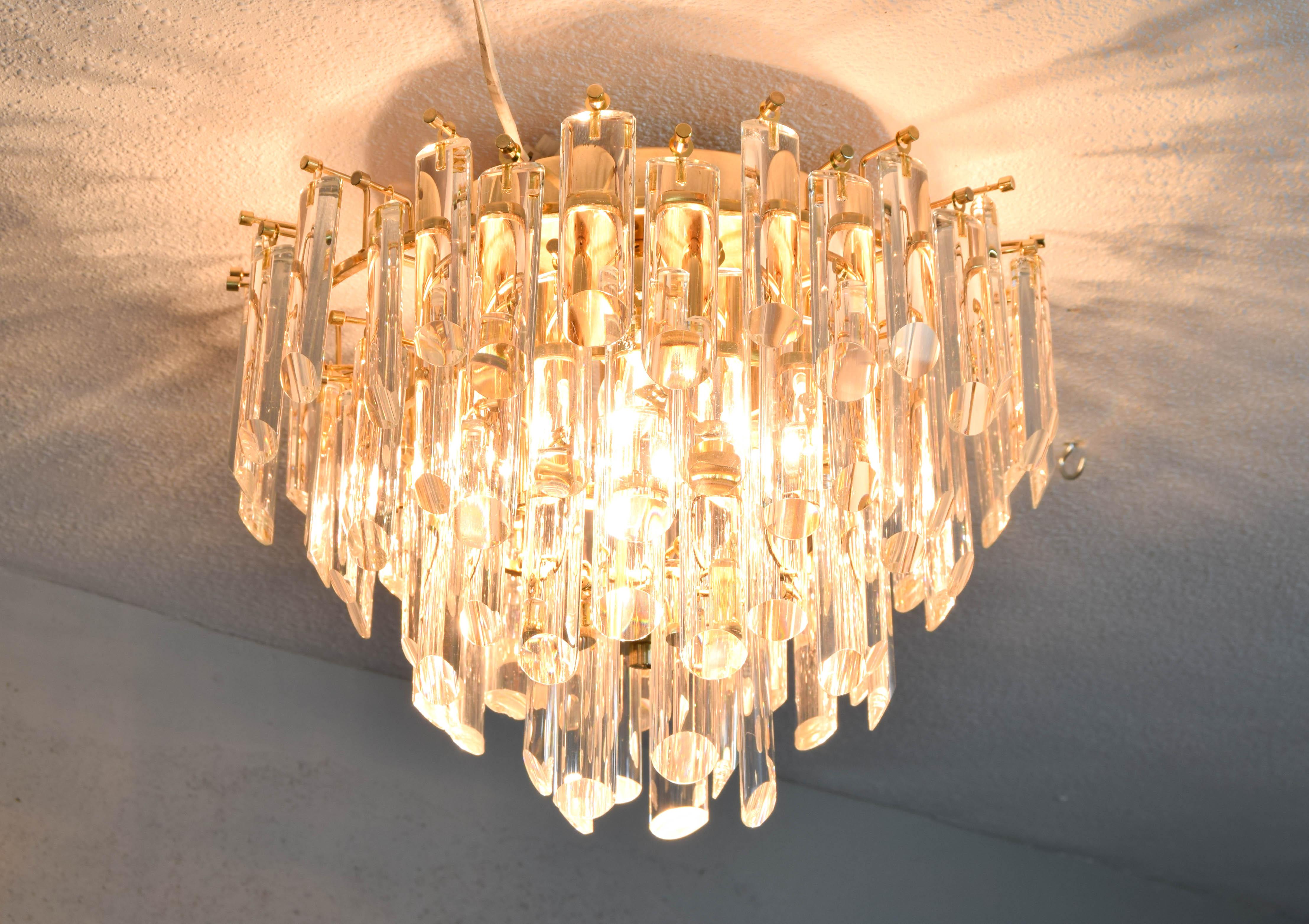 Venini MidCentury Italian Modern Four Tall Crystal Murano Flush Mount Chandelier 3