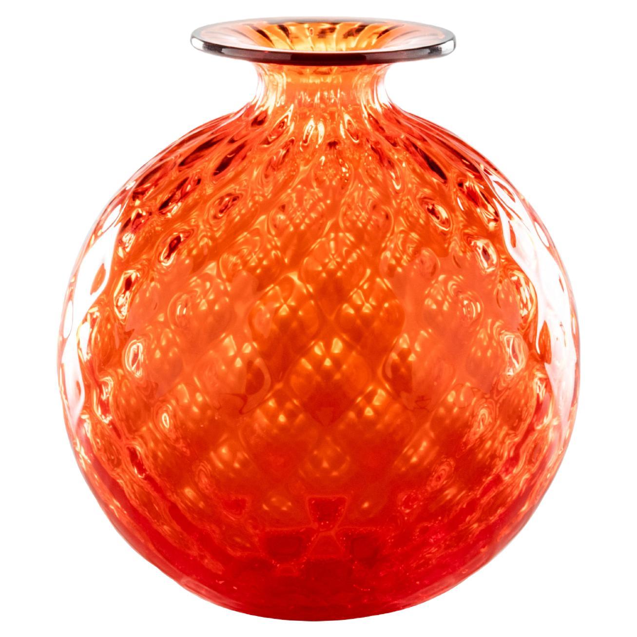 Venini Monofiore Balloton, große Vase aus orange-rotem Muranoglas mit Fäden
