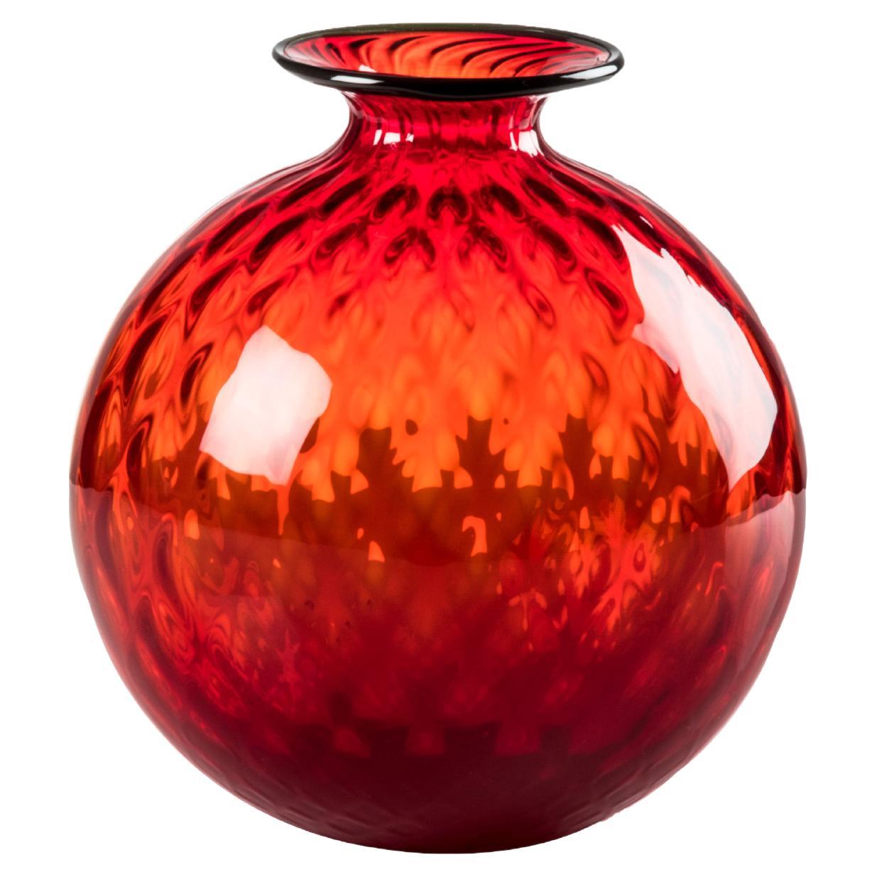 Venini Monofiore Balloton Large Vase in Red Apple-Green Thread Murano Glass