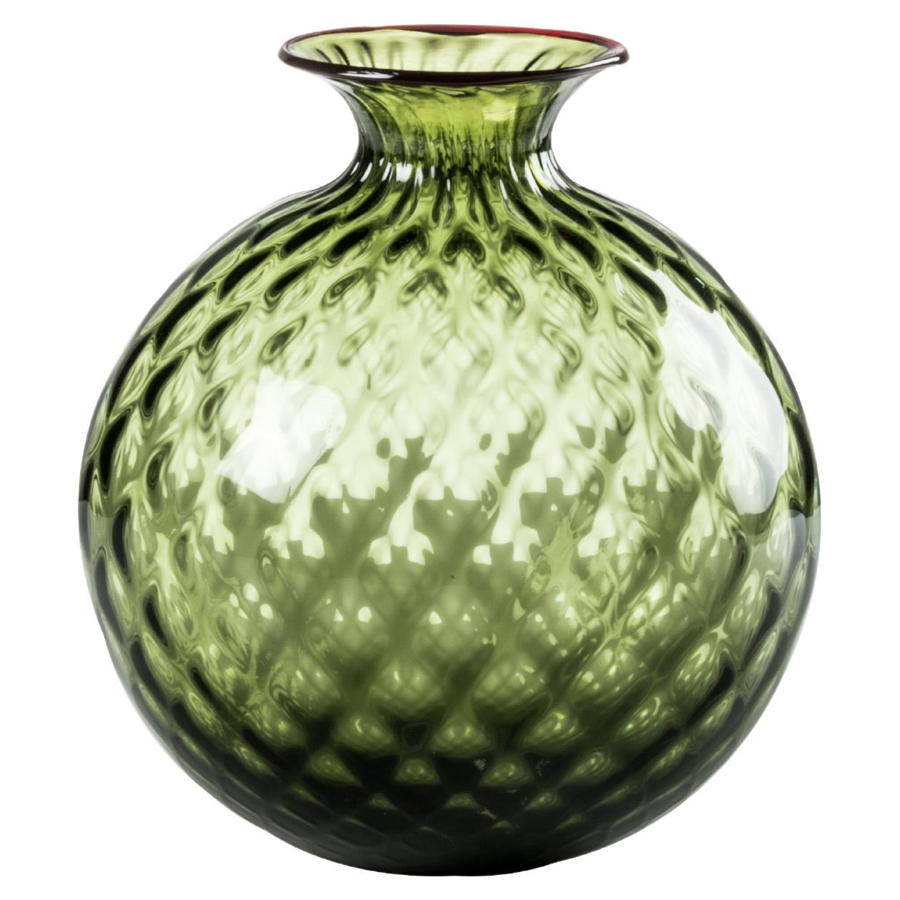Venini Monofiore Balloton Medium Vase in Apple Green Red Thread Murano Glass