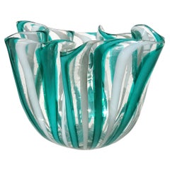 Jarrón Fazzoletto Venini Murano Bianconi Teal White Ribbons Vidrio Artístico Italiano