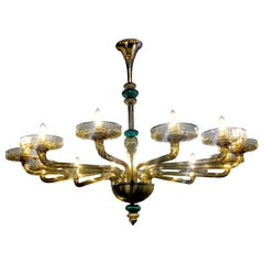 Venini Murano Chandelier Amber and Emerald Hand Blown Glass, 1960