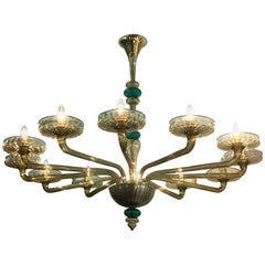 Venini Murano Chandelier Amber and Emerald Handblown Glass, 1960