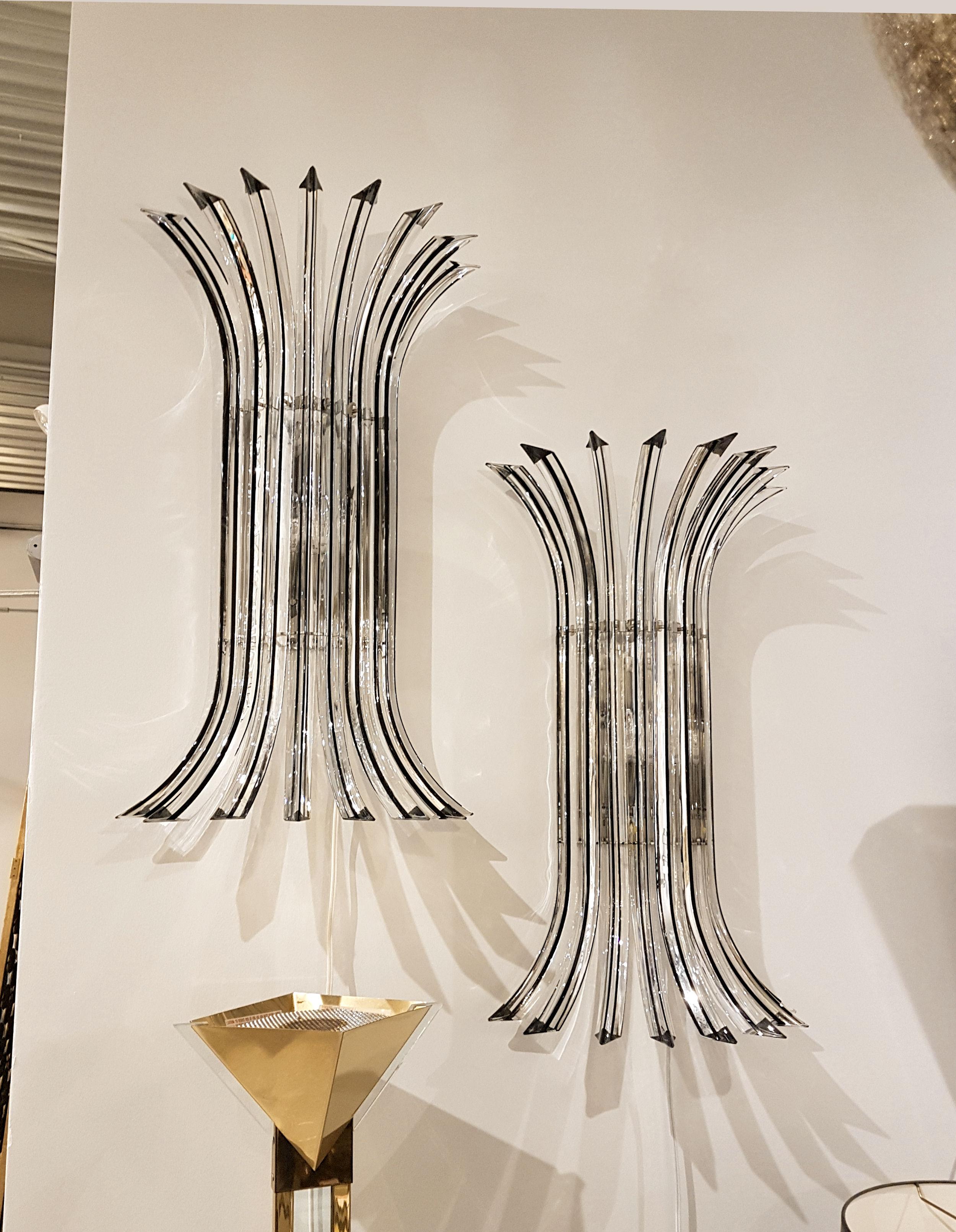 Italian Venini Murano Clear/Black Filgree Glass Large Wall Sconces, Mid-Century Modern