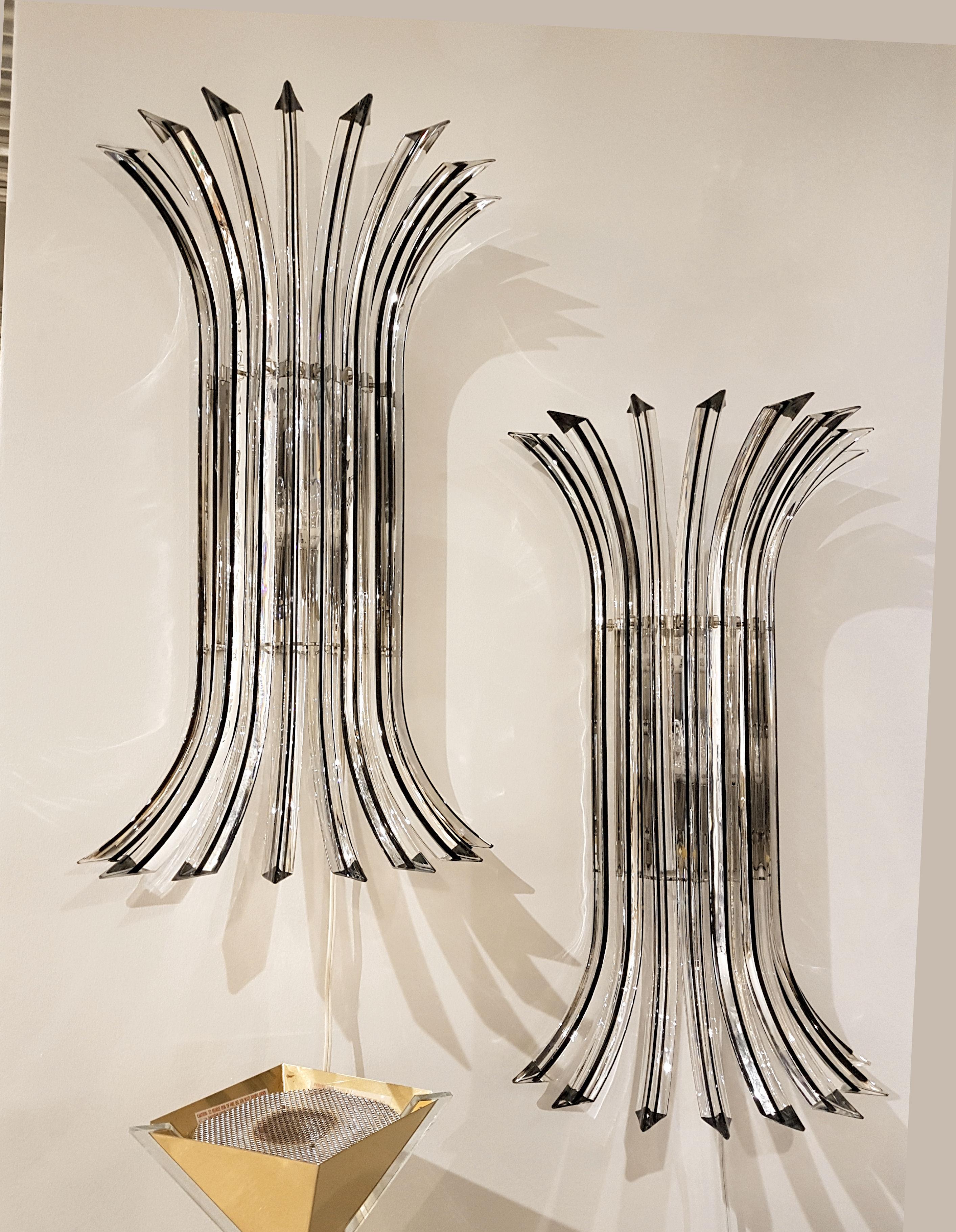 Venini Murano Clear/Black Filgree Glass Large Wall Sconces, Mid-Century Modern In Excellent Condition In Dallas, TX