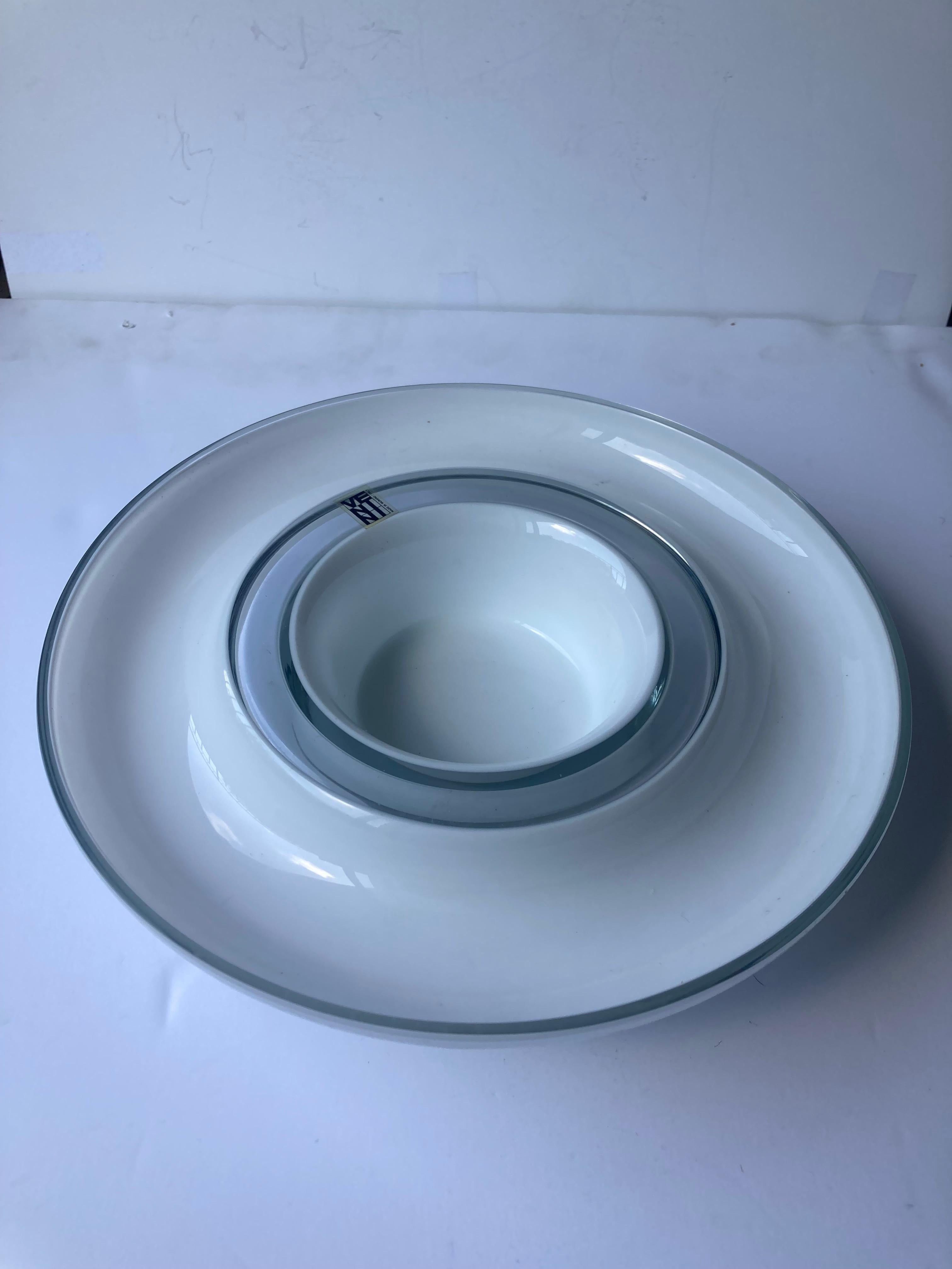 Italian Venini Murano double ring glass bowl. Label signed For Sale