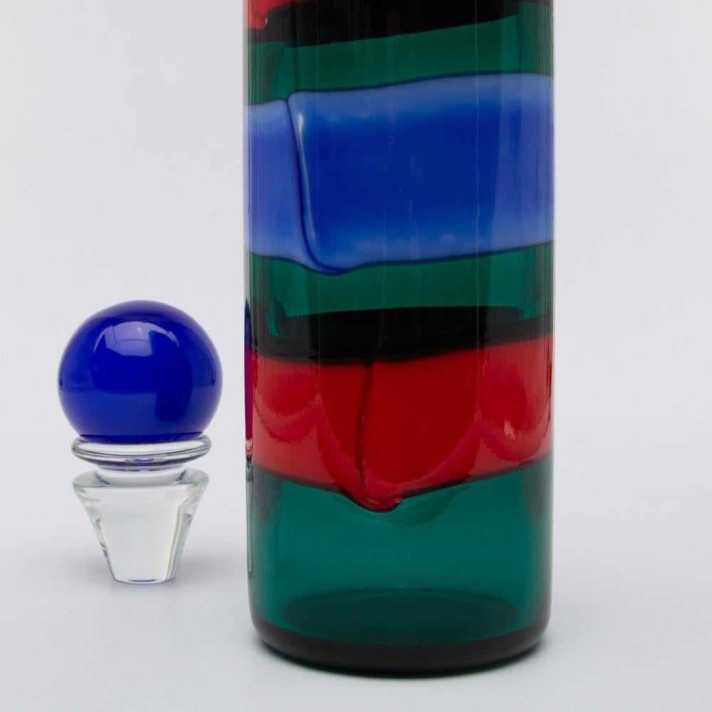 Mid-Century Modern Venini Murano Fulvio Bianconi Glass Bottle Red Green Blue with Stopper