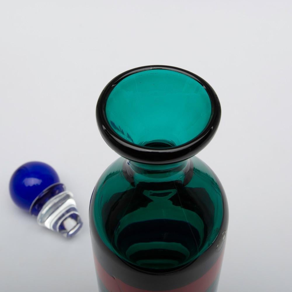 Venini Murano Fulvio Bianconi Glass Bottle Red Green Blue with Stopper In Good Condition In Brussels, BE