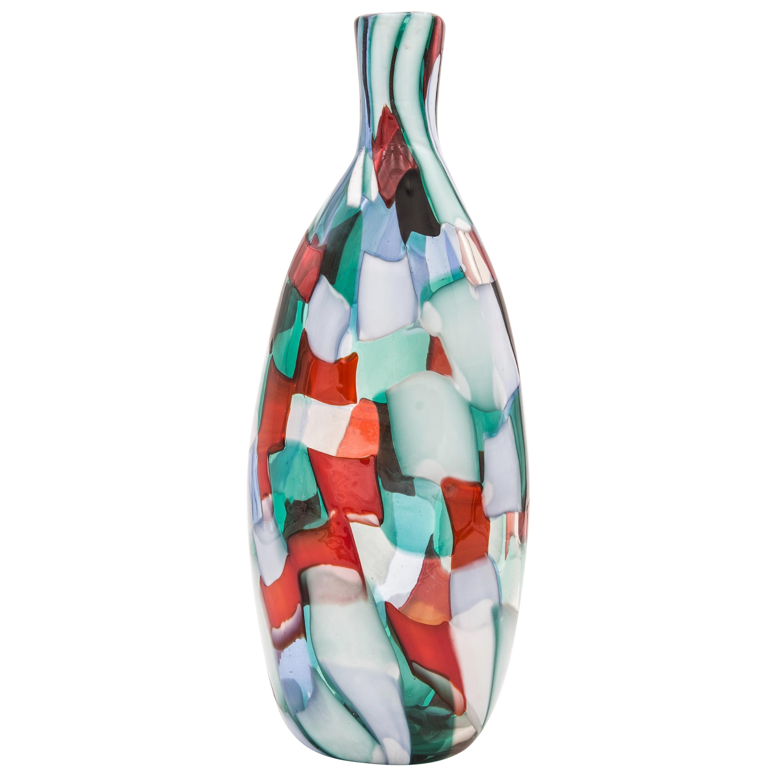 Venini Murano Fulvio Bianconi Glass Vase, Technique Pezzato, Arlecchino Color