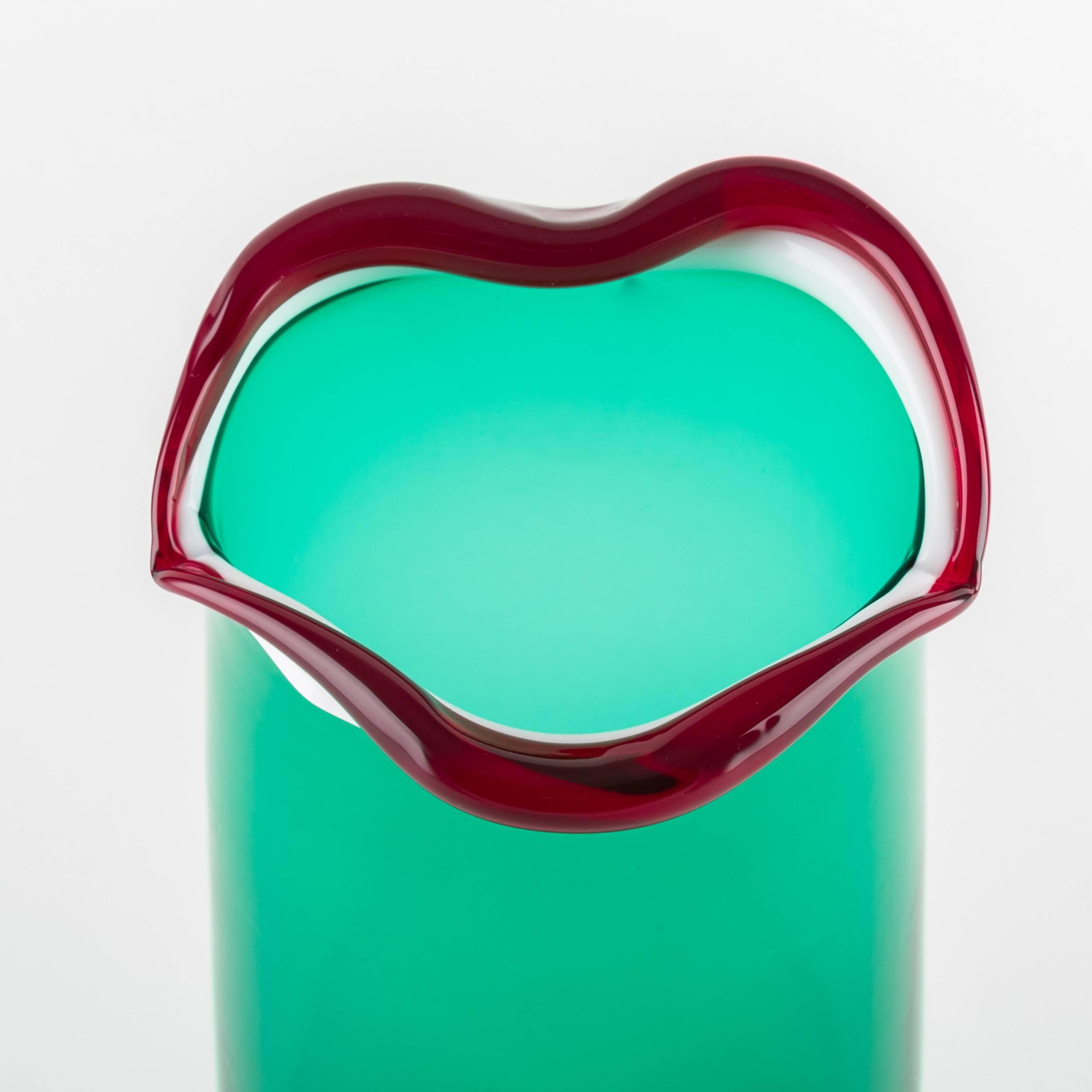 Art Glass Venini Murano Fulvio Bianconi Sorriso 'Smile' Mouth Blown Vase, Green Color