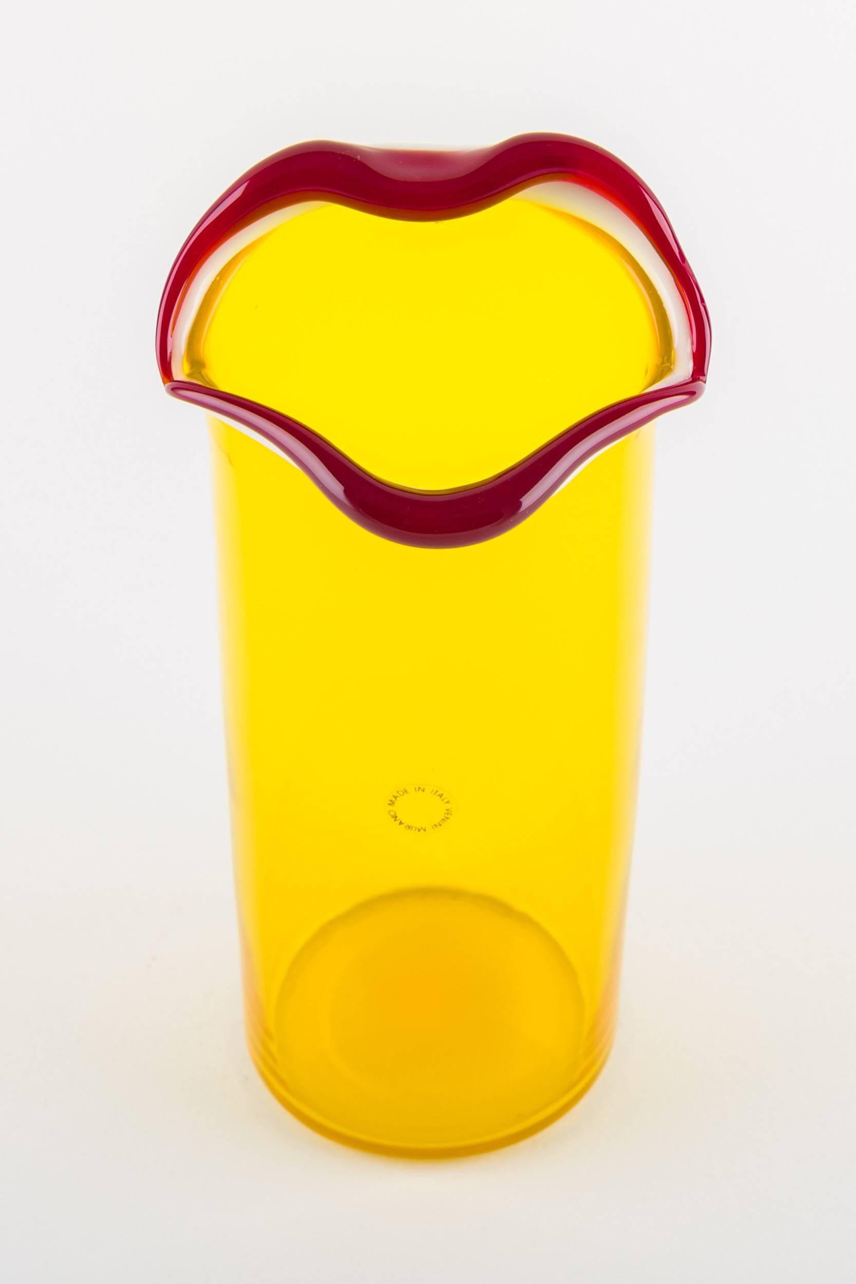 Art Glass Venini Murano Fulvio Bianconi Sorriso 'Smile' Mouth Blown Vase, Yellow Color