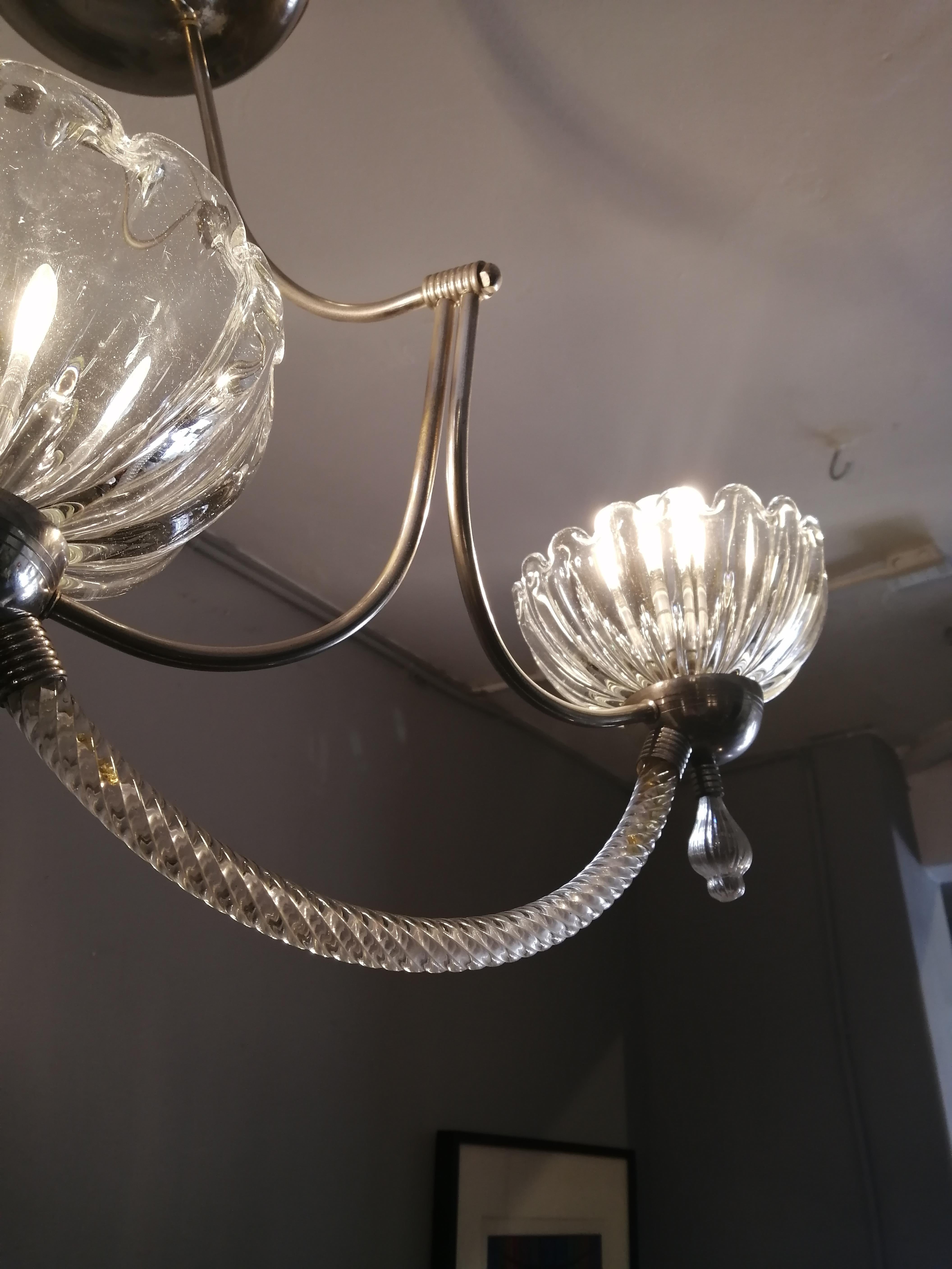 Venini Murano Glass and Brass Three Light Chandelier In Good Condition In Mexico City, MX