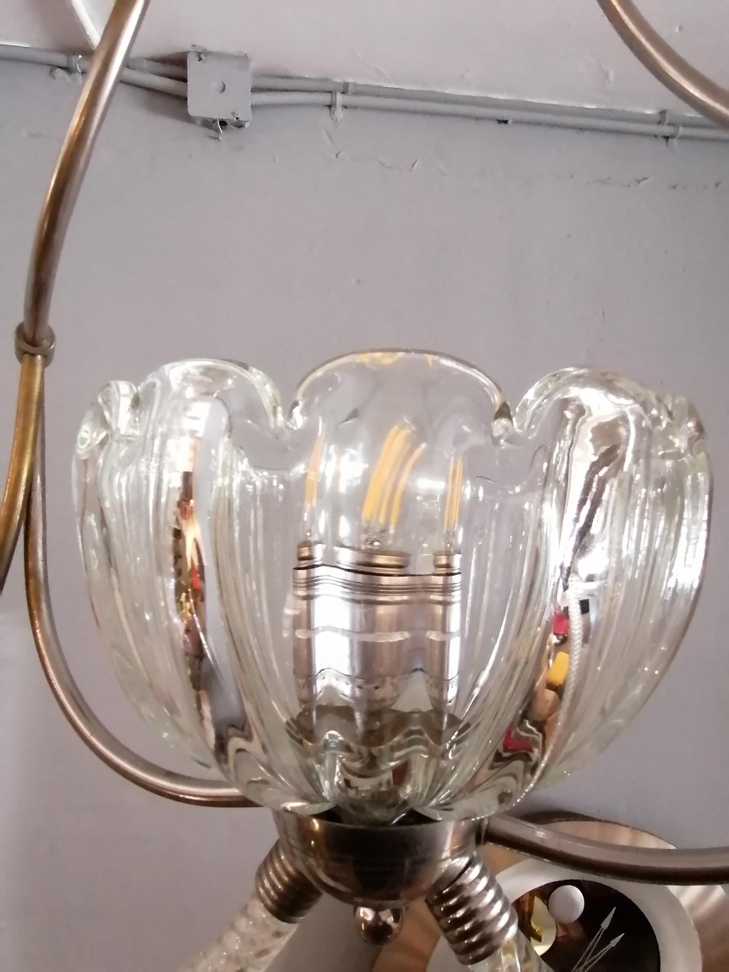 Venini Murano Glass and Brass Three Light Chandelier 2