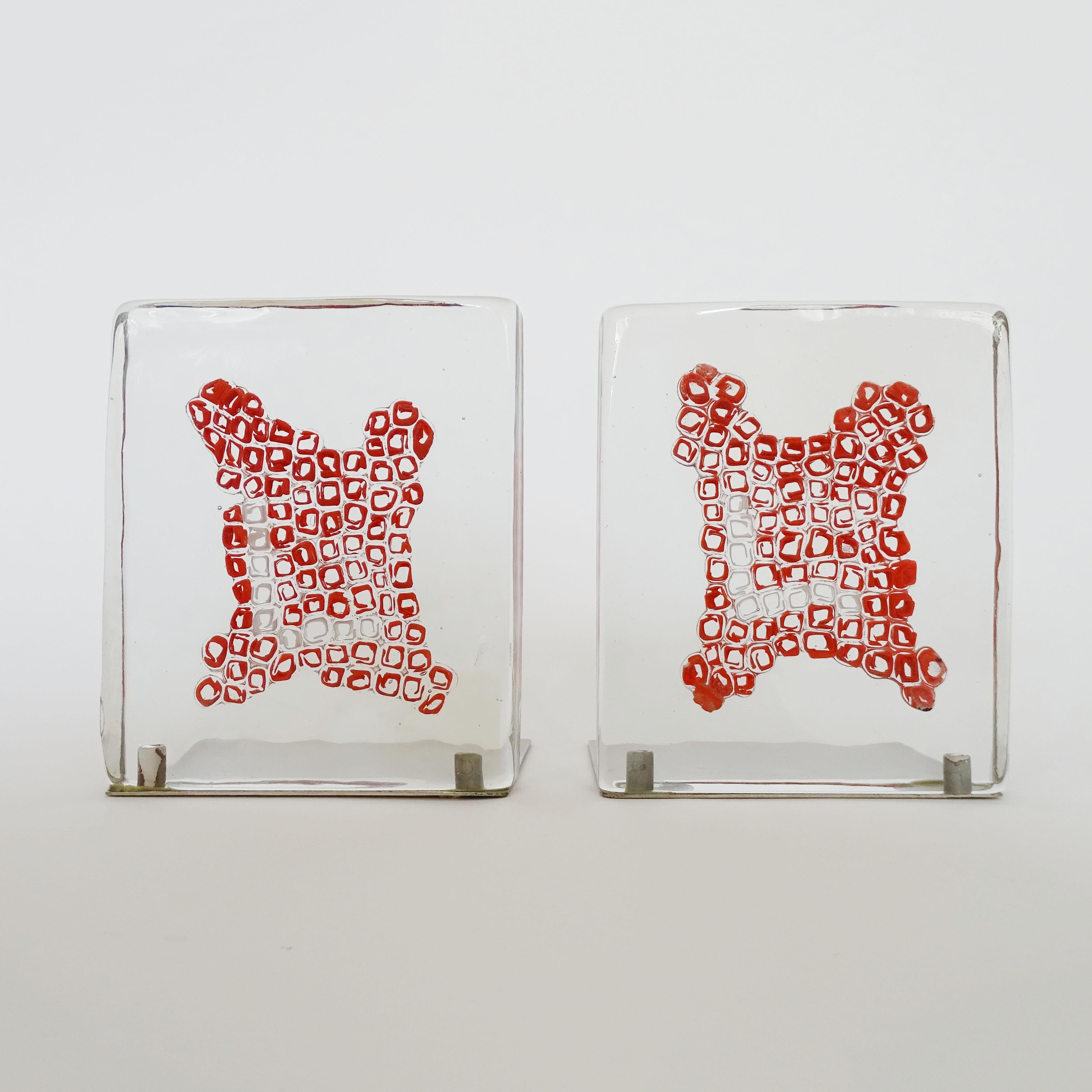 Mid-Century Modern Venini Murano Glass Book Ends with Red and White Murrine, Italy 1969 For Sale