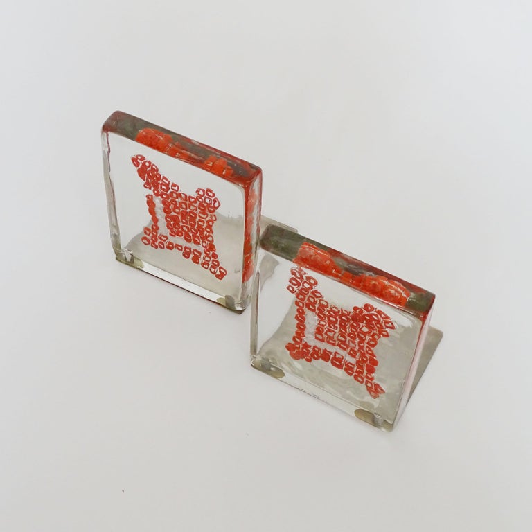 Venini Murano Glass Book Ends with Red and White Murrine, Italy 1969