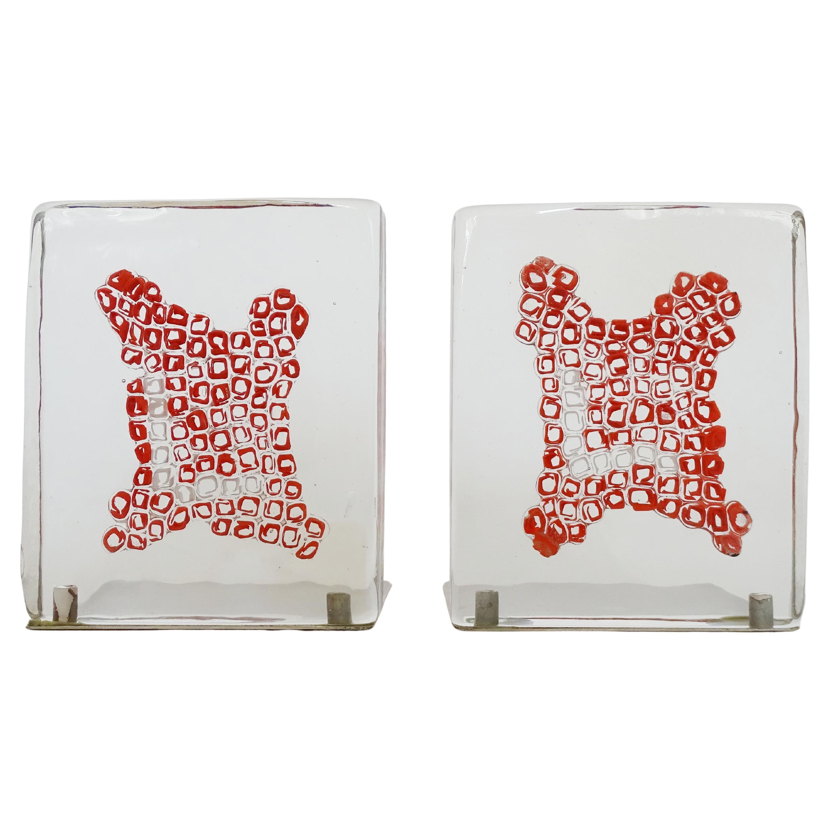 Venini Murano Glass Book Ends with Red and White Murrine, Italy 1969 For Sale