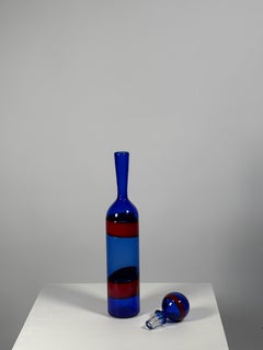 Venini Murano Glass Bottle by Fulvio Bianconi, Deep Blue & Red Bands