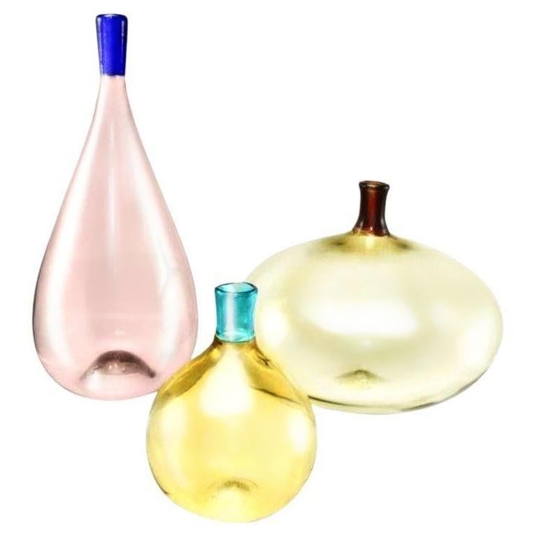 Mid-Century Modern Venini Murano Glass Bottles, Incalmo Two-Toned Neck Vases, Set of Three, 1960 For Sale