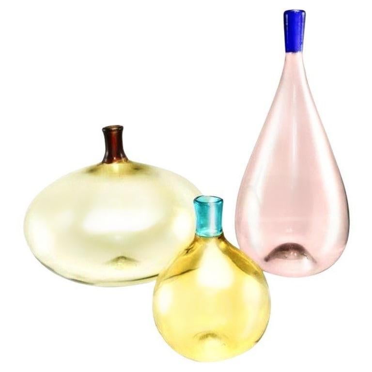 Venini Murano Glass Bottles, Incalmo Two-Toned Neck Vases, Set of Three, 1960 For Sale