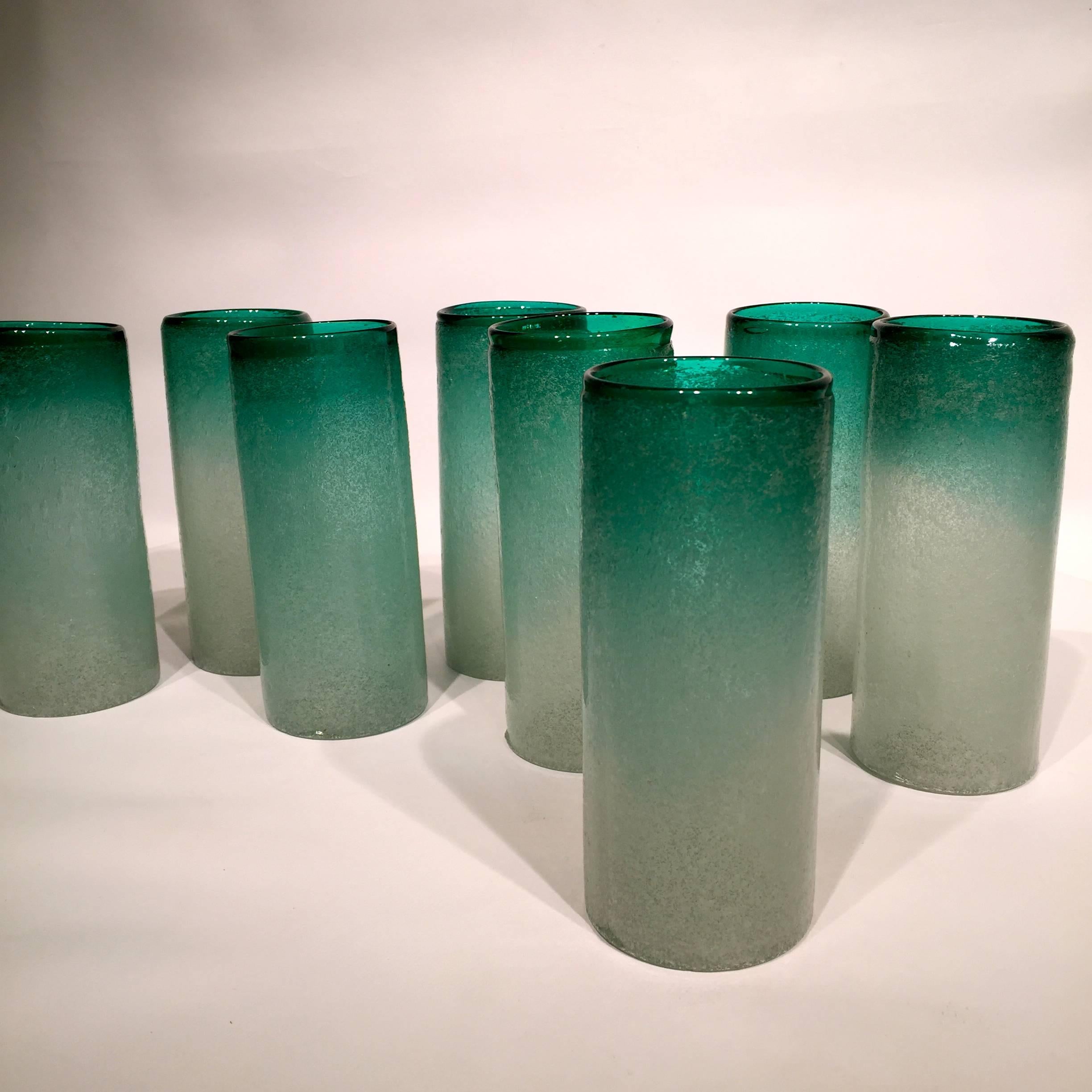 Venini Murano glass by Napoleone Martinuzzi set of eight green glass, circa 1930.