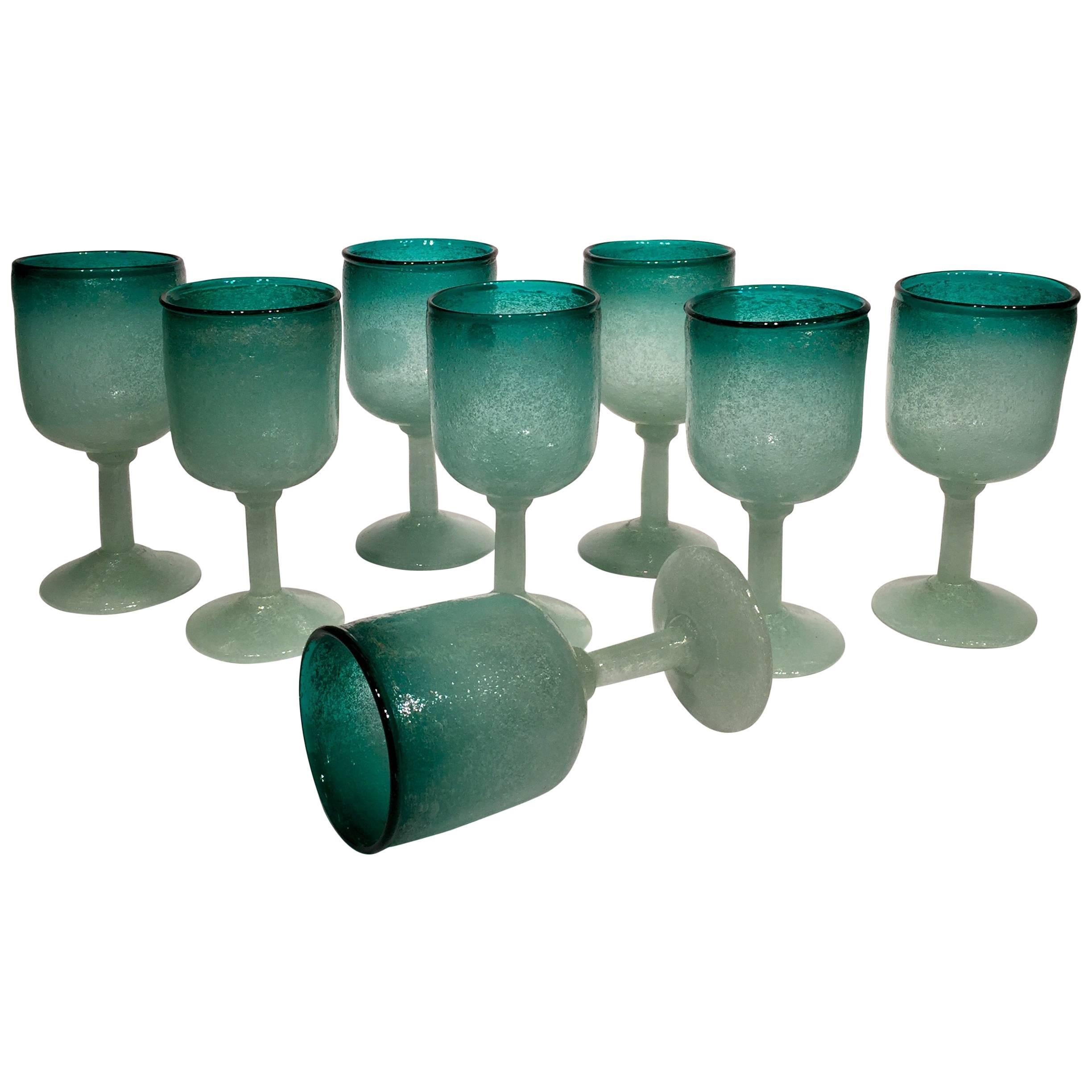 VENINI Murano Glass by Napoleone Martinuzzi Set of Eight Green Glass, circa 1930 For Sale