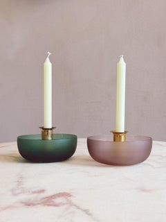 Pareja de candeleros Venini de cristal de Murano, rosa suave y verde oscuro, años 70