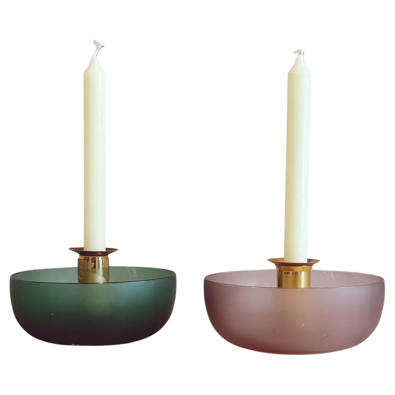 Venini Murano Glass Candlesticks, Soft Rose & Dark Green, 1970s Pair