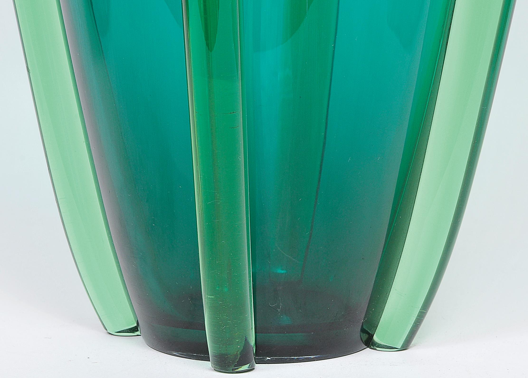 Appliqué Venini, Murano Glass, Emerald Green, circa 1950, Sideralis Vase For Sale