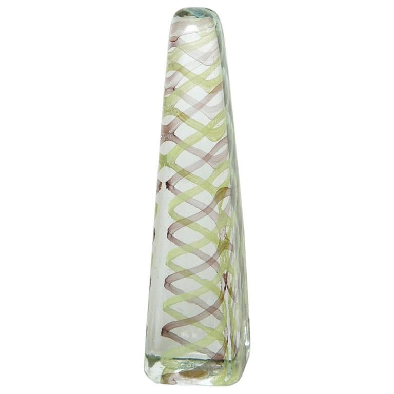 Venini Murano Glass Obelisk Sculpture with Chartreuse and Maroon Spiral