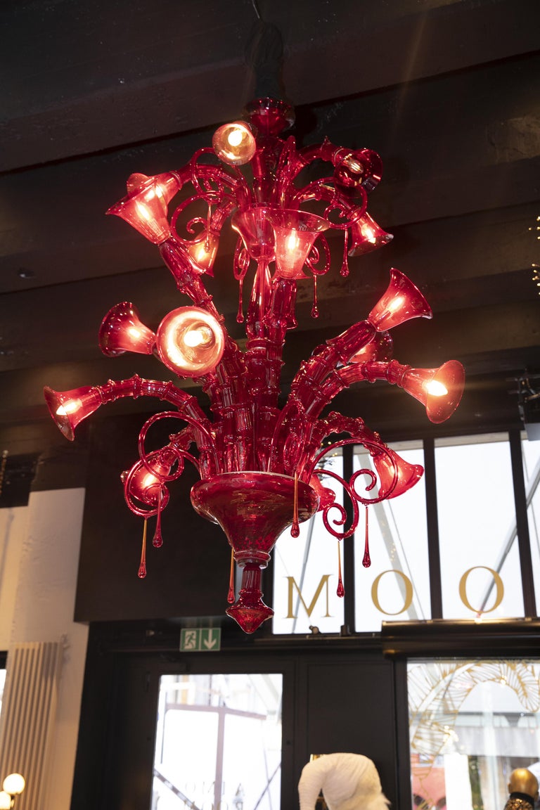 Mid-Century Modern Venini Murano Glass Red Chandelier, Made in Italy, 1940s For Sale