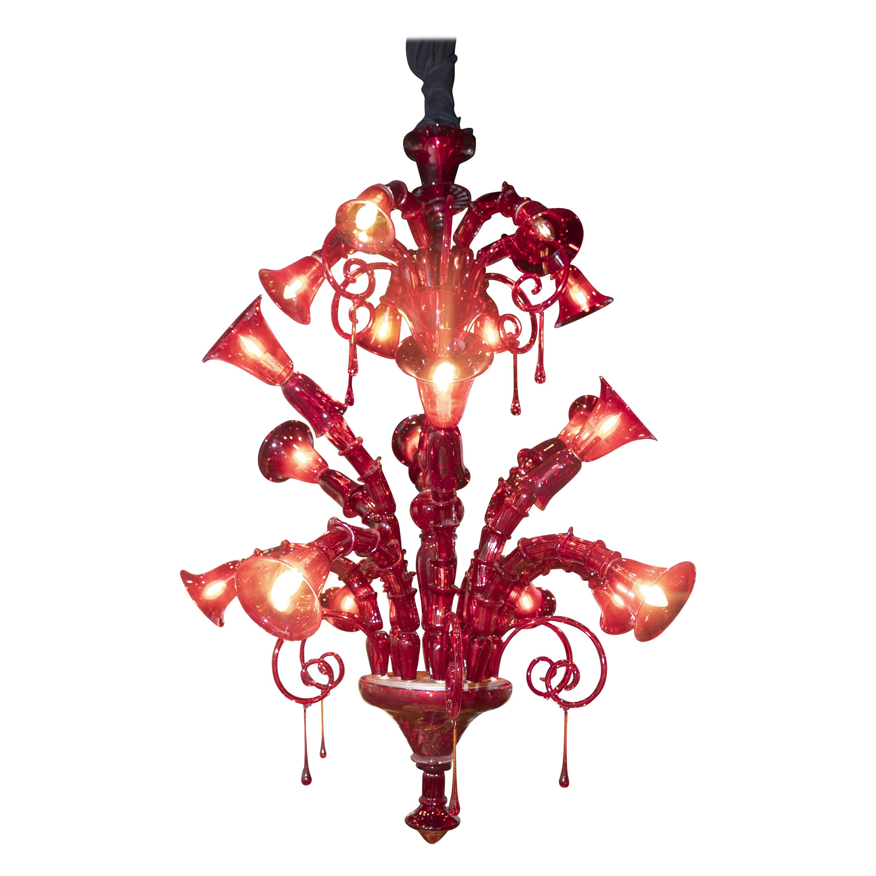 Venini Murano Glass Red Chandelier, Made in Italy, 1940s