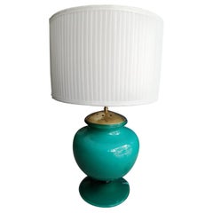 Venini Murano Green Glass and Brass Bulged Table Lamp