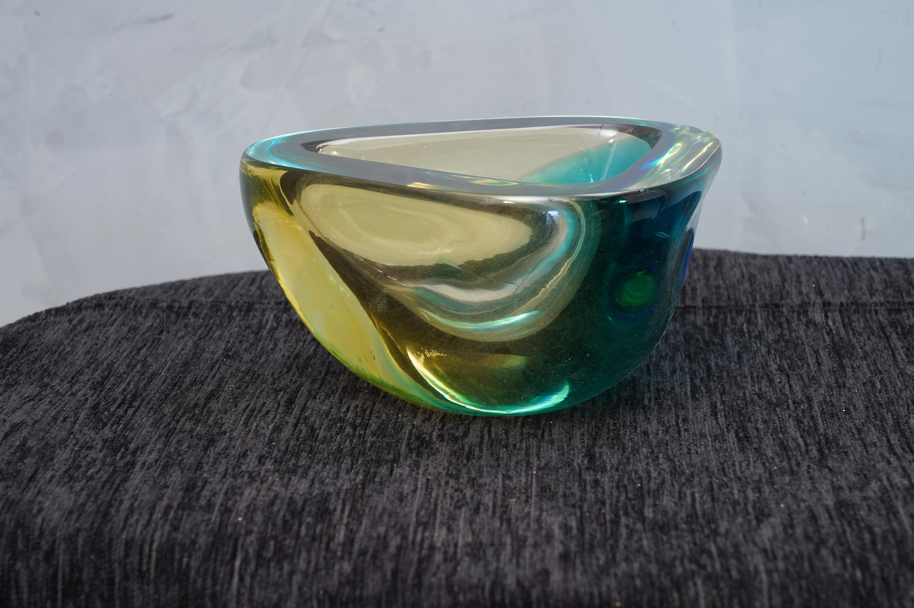 Mid-Century Modern Venini Murano Green / Yellow Glass Ashtray, 1960