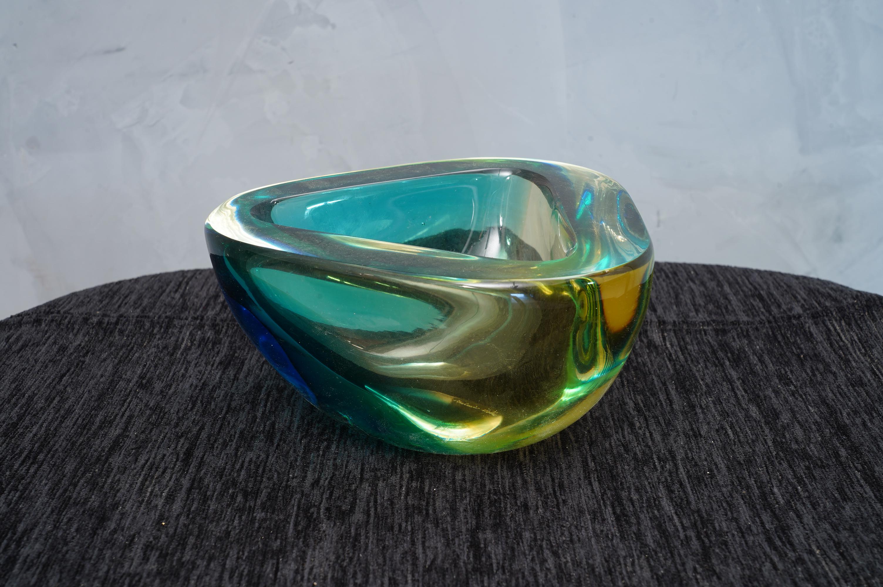 Italian Venini Murano Green / Yellow Glass Ashtray, 1960