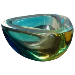 Venini Murano Green / Yellow Glass Ashtray, 1960