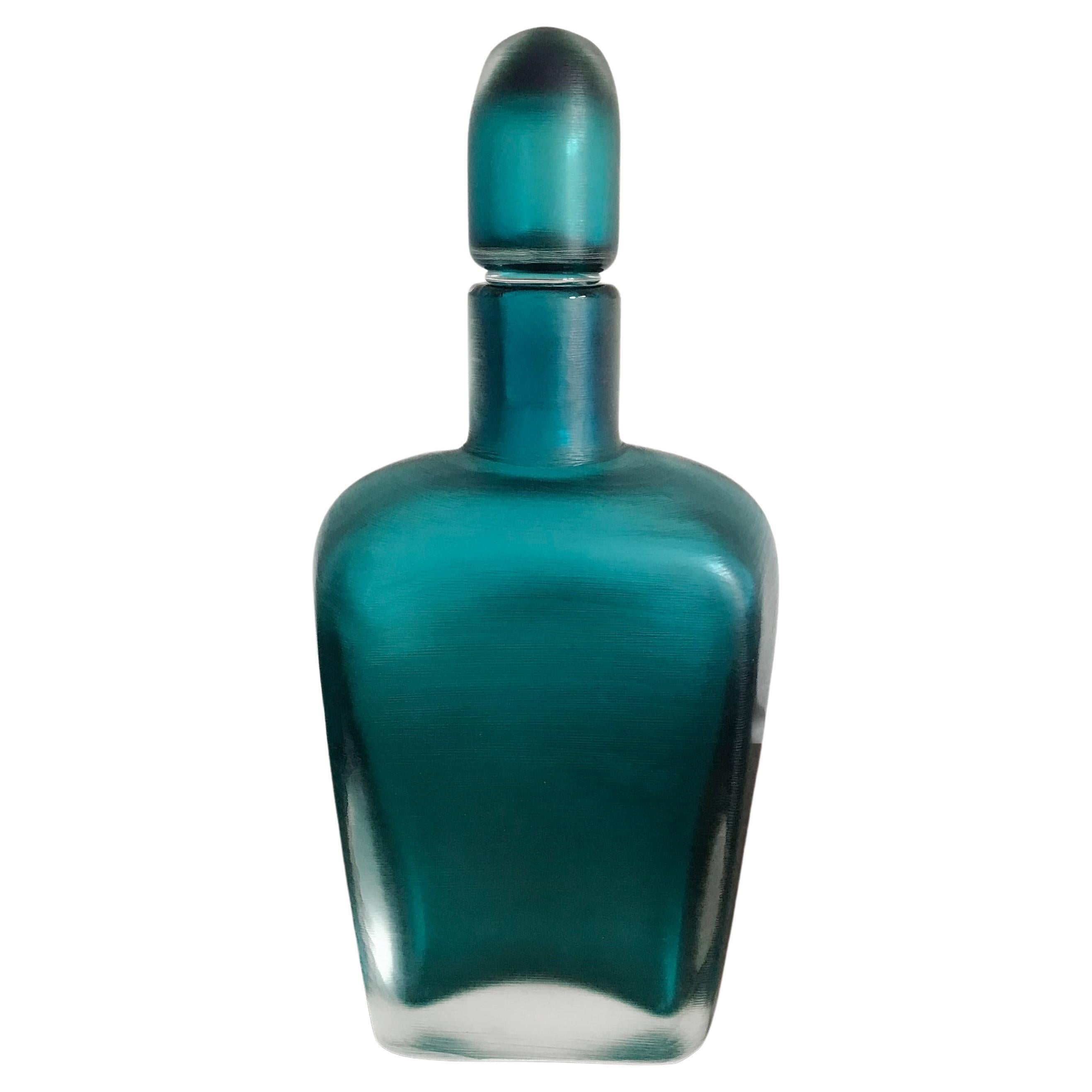 Venini Murano Italian Blue Glass Bottle Incisi Serie, 1981 For Sale