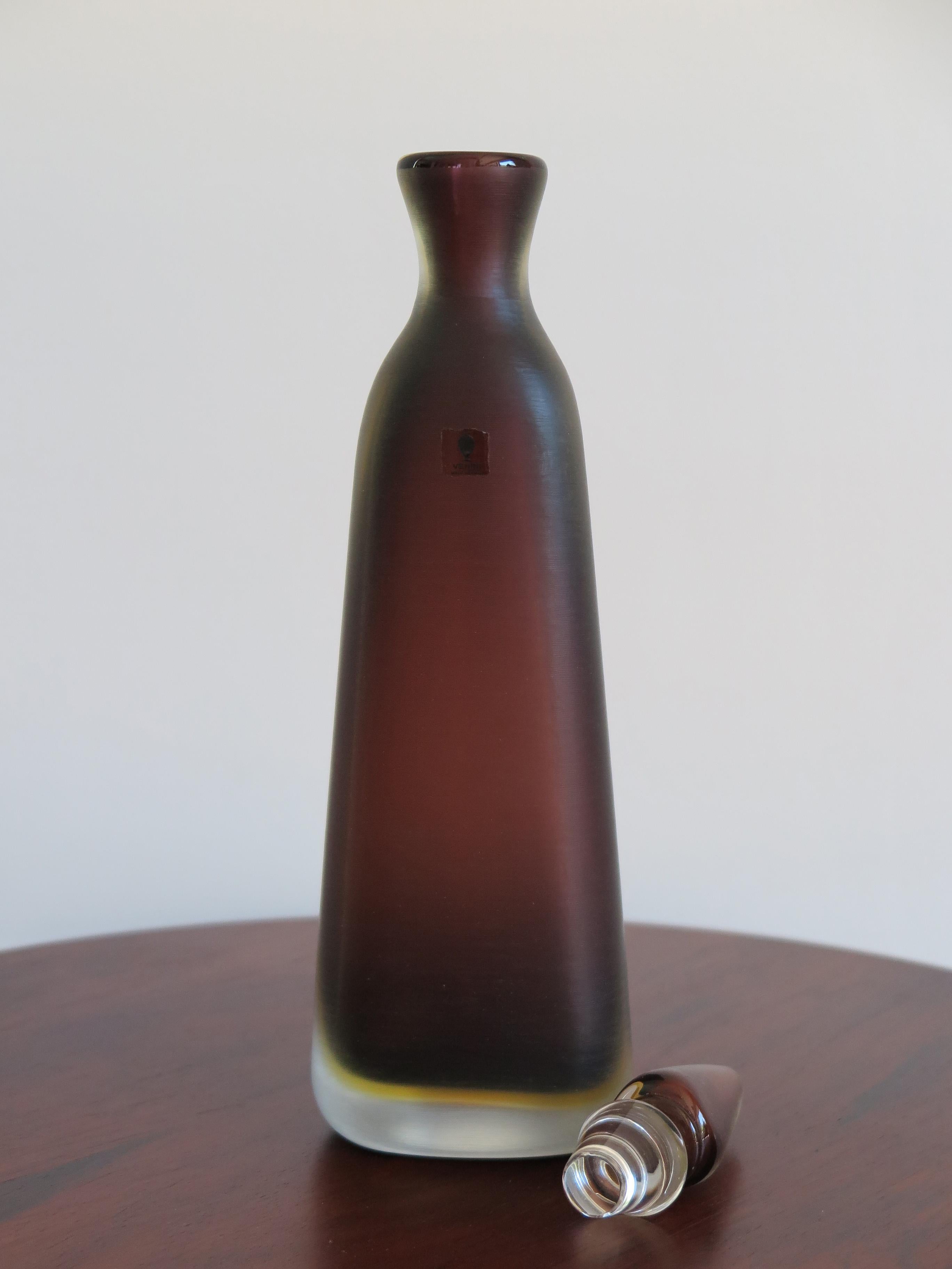 Modern Venini Murano Italian Dark Red Glass Bottle Incisi Serie, 1980 For Sale