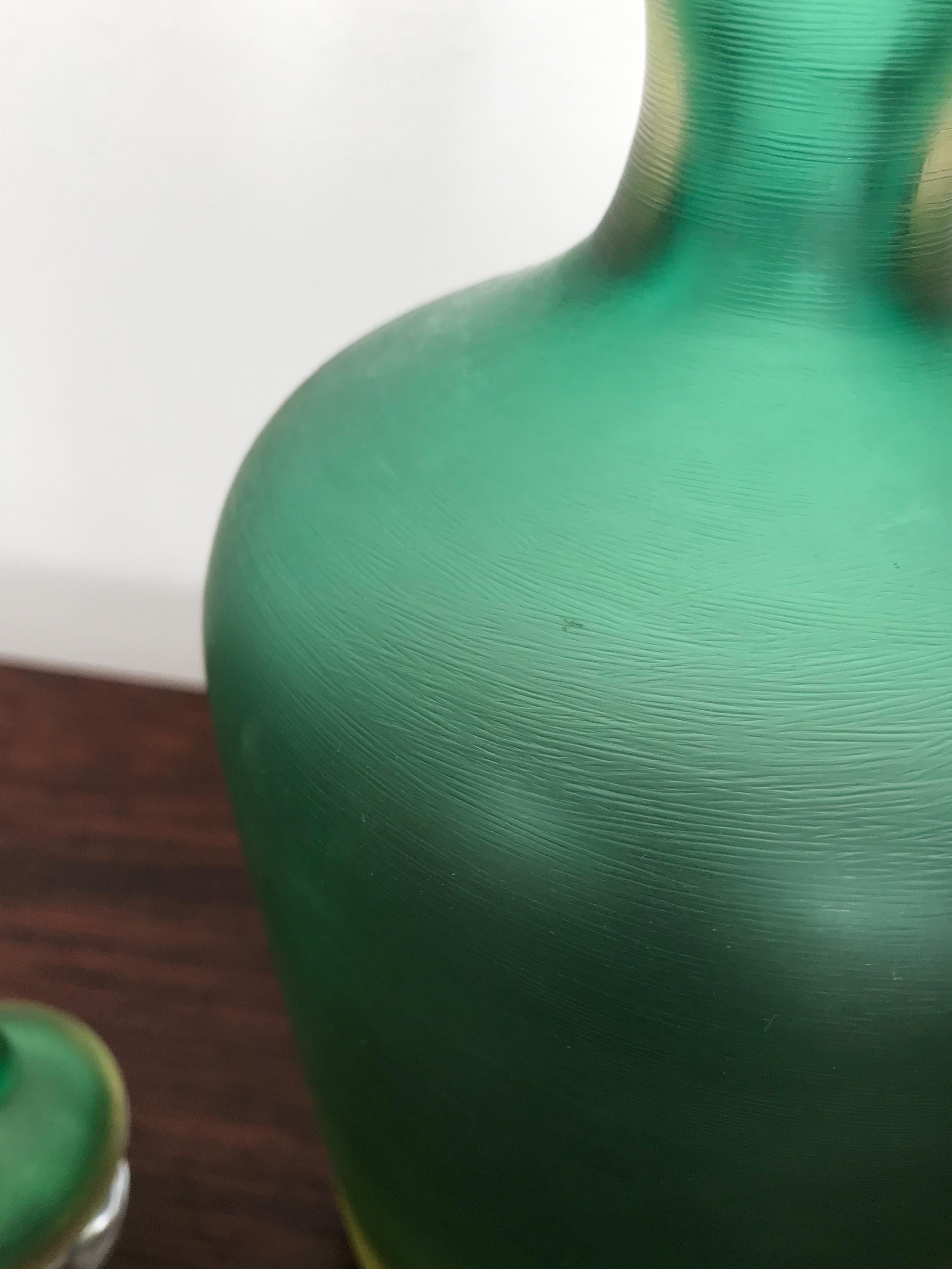 Contemporary Venini Murano Italian Green Glass Bottle Vase Incisi Serie, 2004 For Sale
