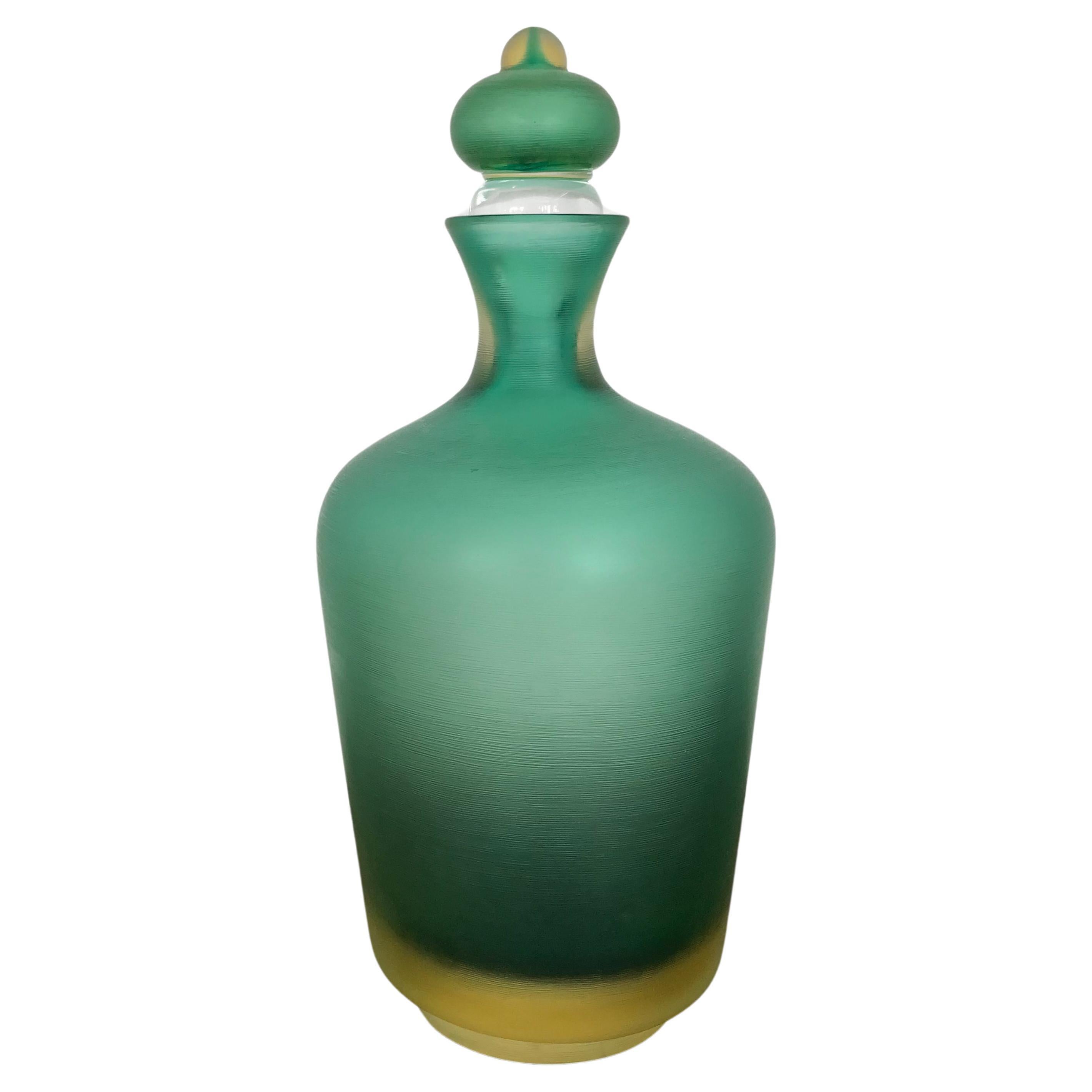 Venini Murano Italian Green Glass Bottle Vase Incisi Serie, 2004