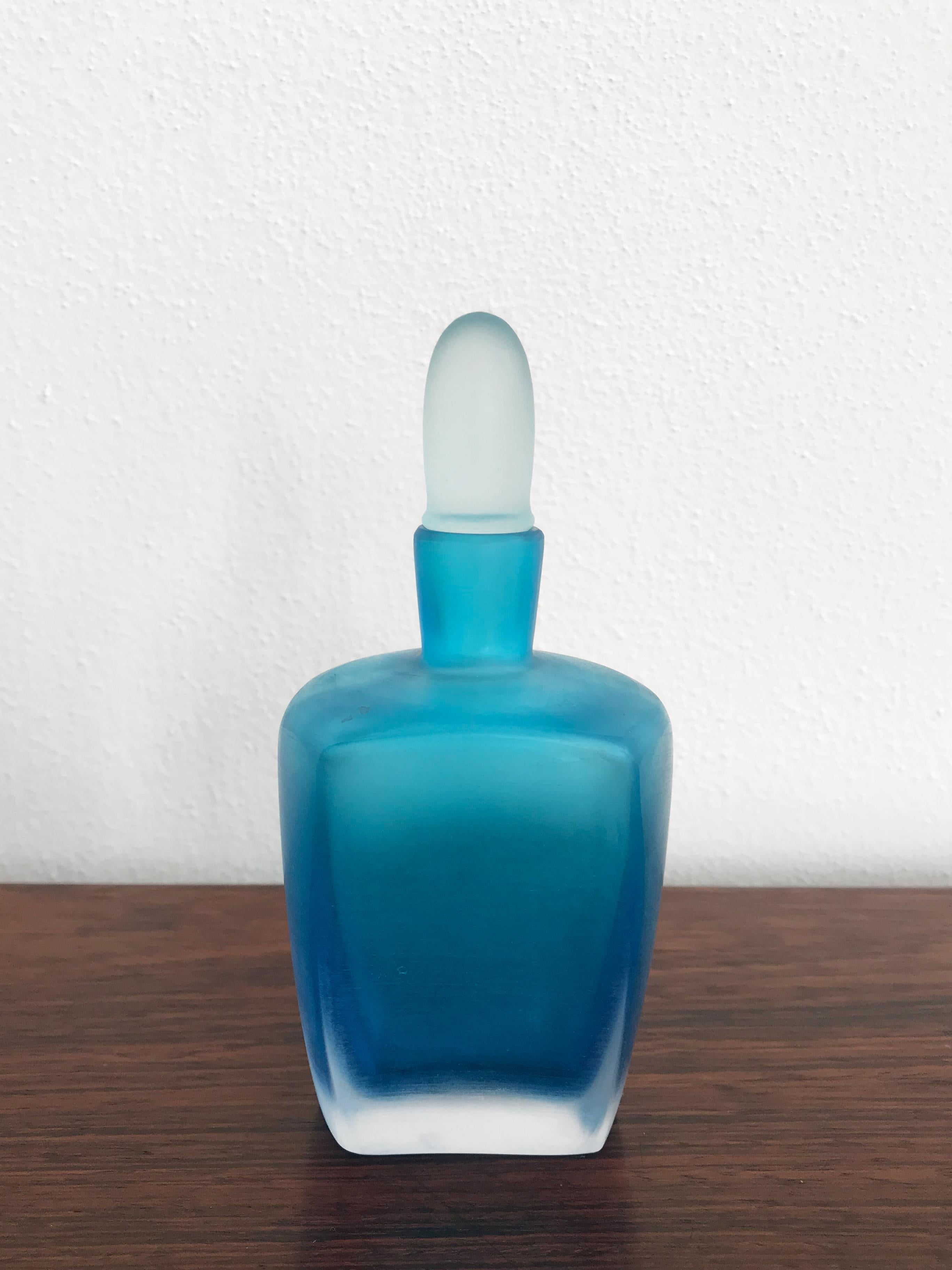 Post-Modern Venini Murano Italy Blue Glass Bottle Vase Serie “Velati” 1992 For Sale