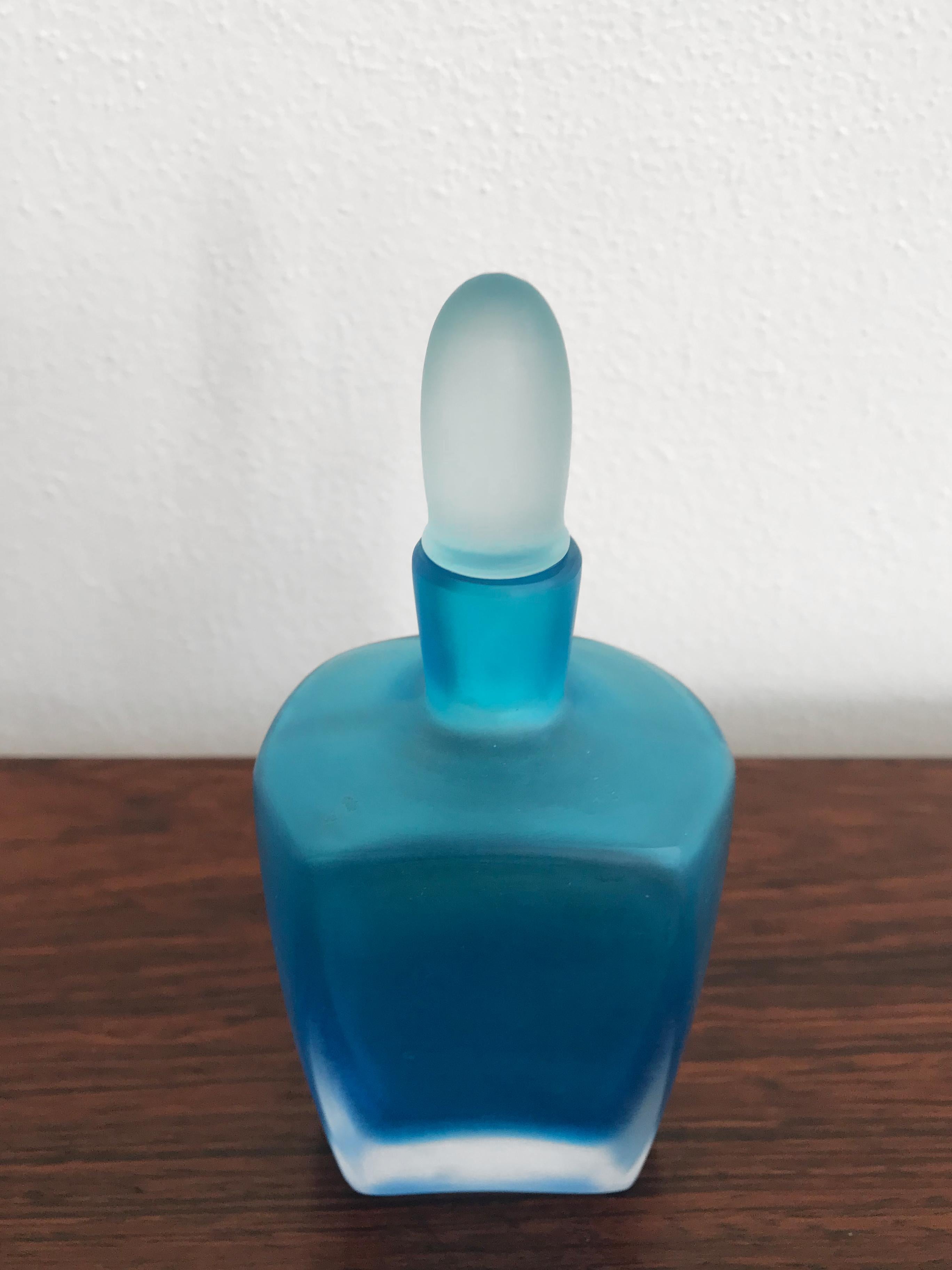 Italian Venini Murano Italy Blue Glass Bottle Vase Serie “Velati” 1992 For Sale