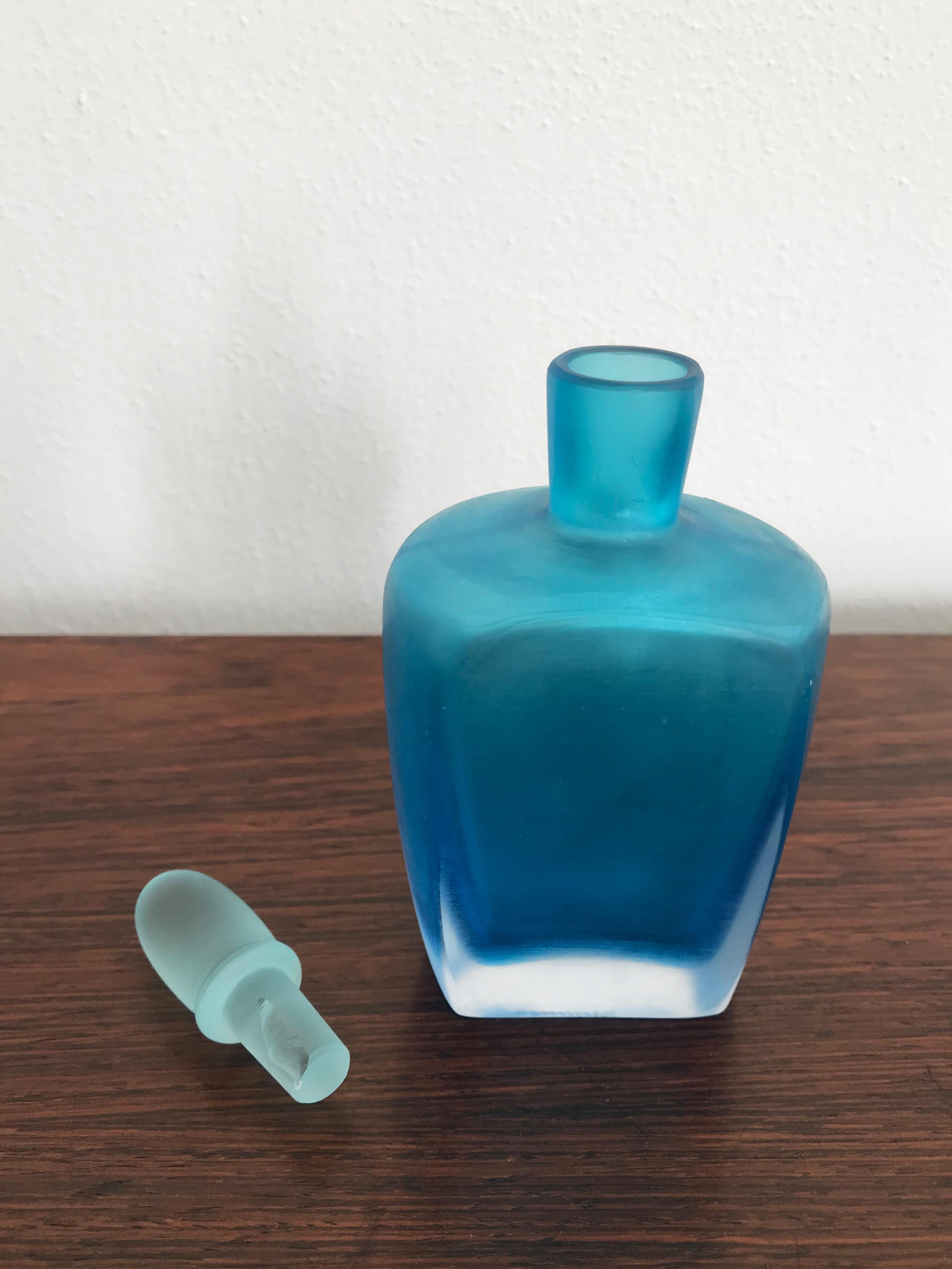 Venini Murano Italy Blue Glass Bottle Vase Serie “Velati” 1992 For Sale 1