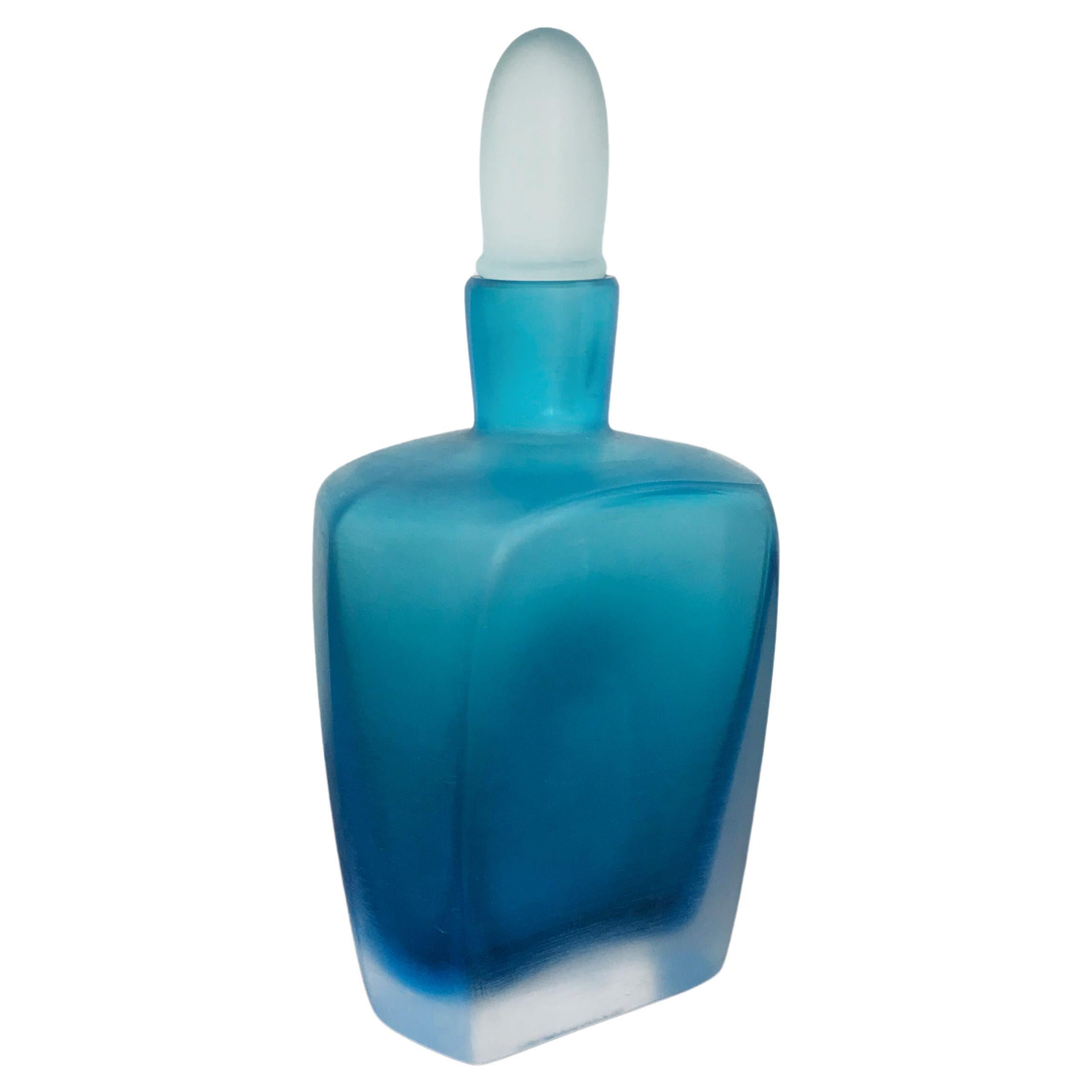 Venini Murano Italy Blue Glass Bottle Vase Serie “Velati” 1992 For Sale