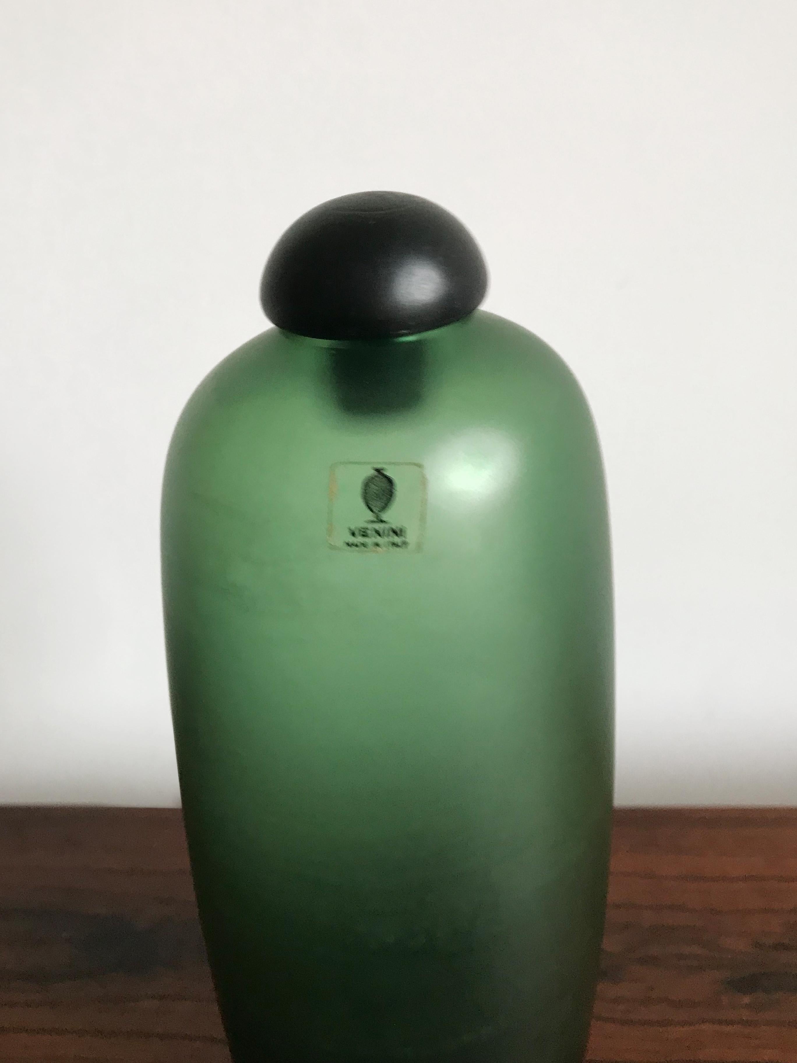 Post-Modern Venini Murano Italy Glass Green Bottle Serie “Velati”, 1981 For Sale