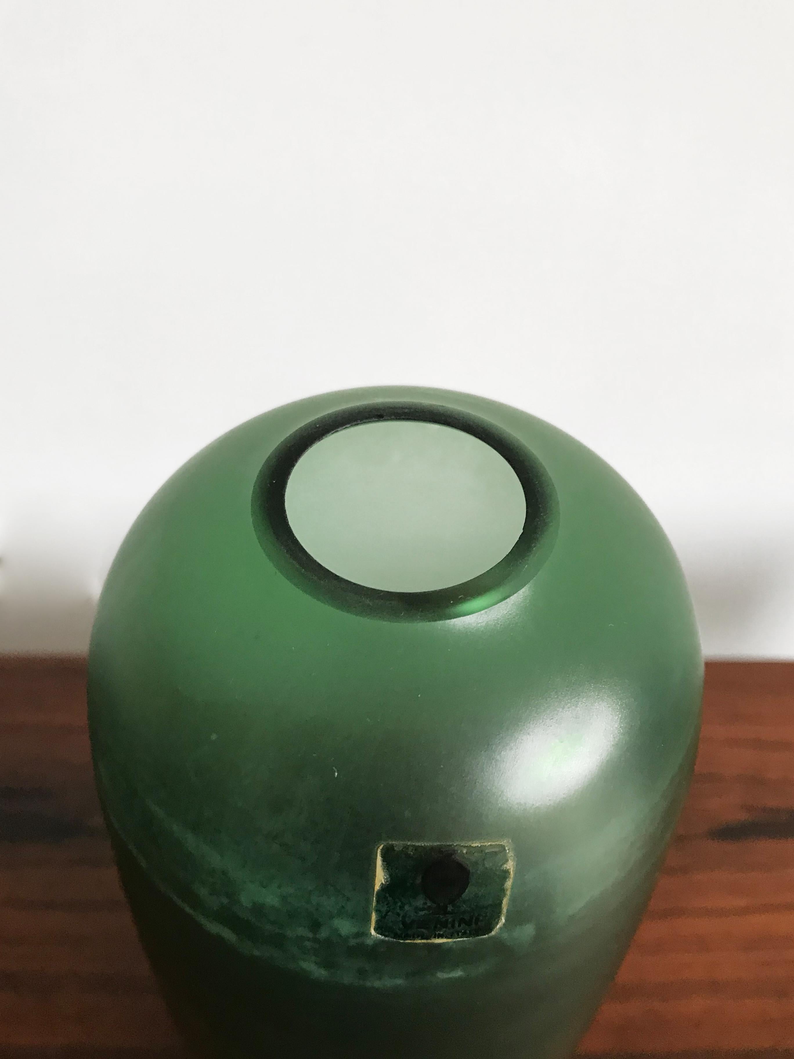 Italian Venini Murano Italy Glass Green Bottle Serie “Velati”, 1981 For Sale