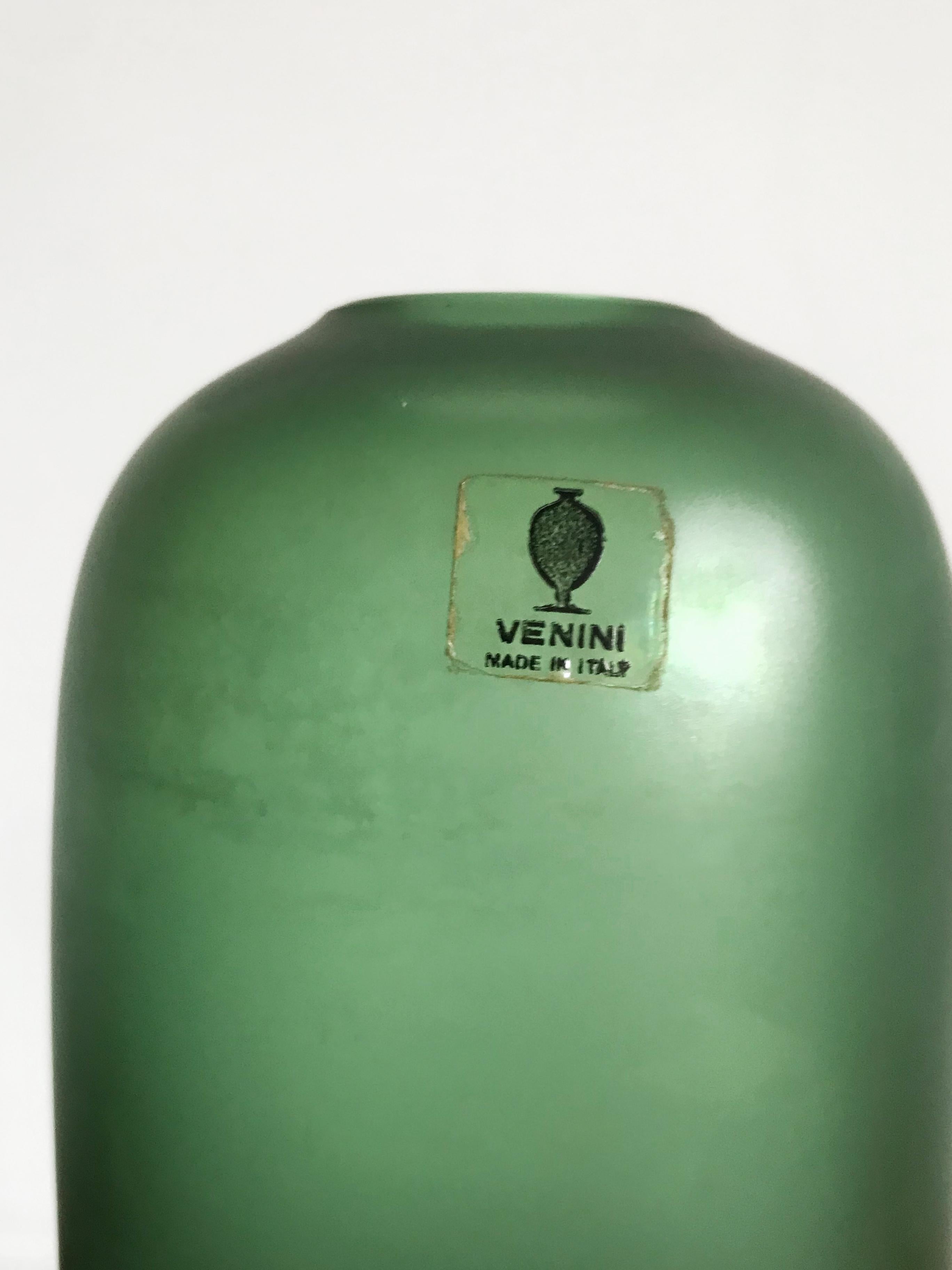 Late 20th Century Venini Murano Italy Glass Green Bottle Serie “Velati”, 1981 For Sale