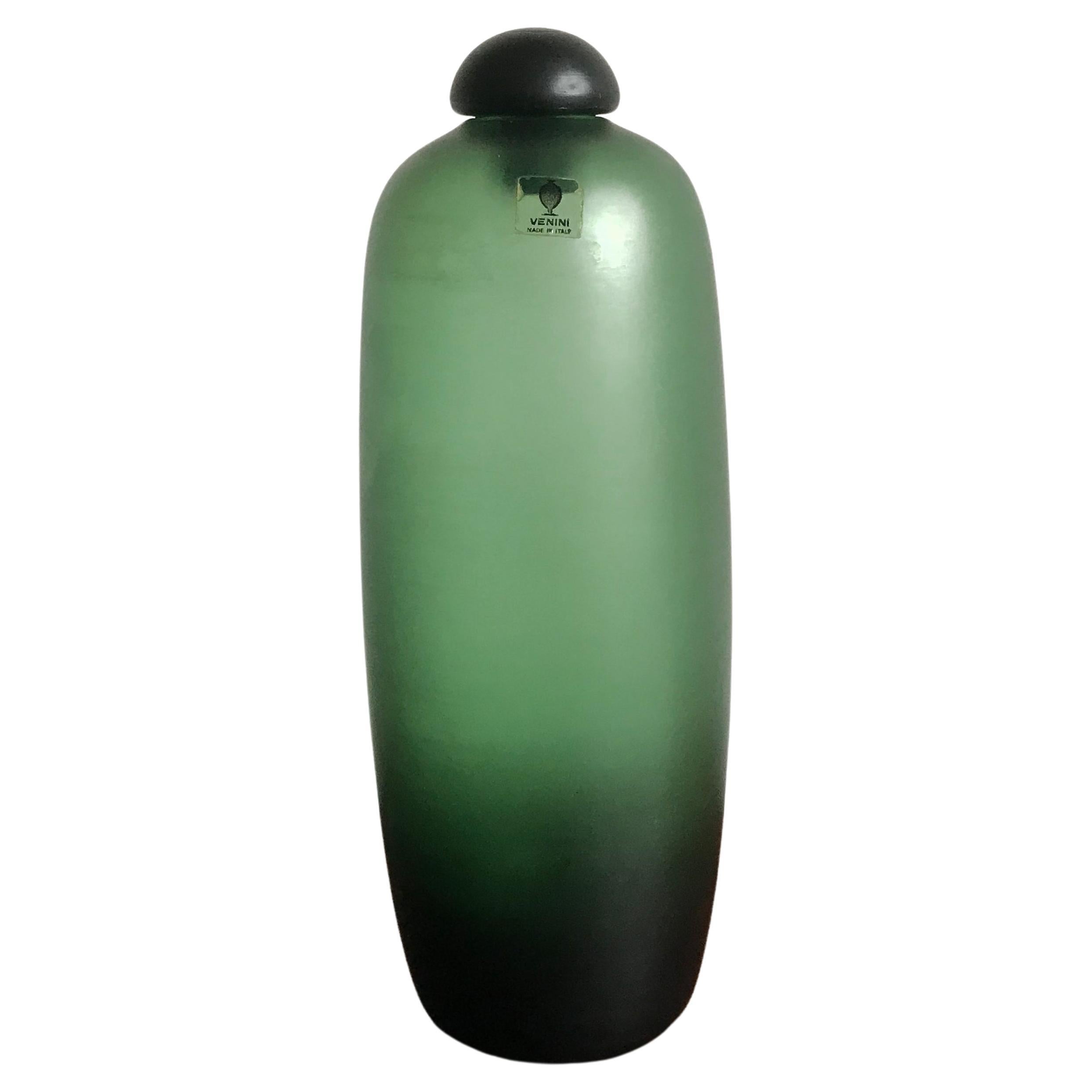Venini Murano Italy Glass Green Bottle Serie “Velati”, 1981 For Sale