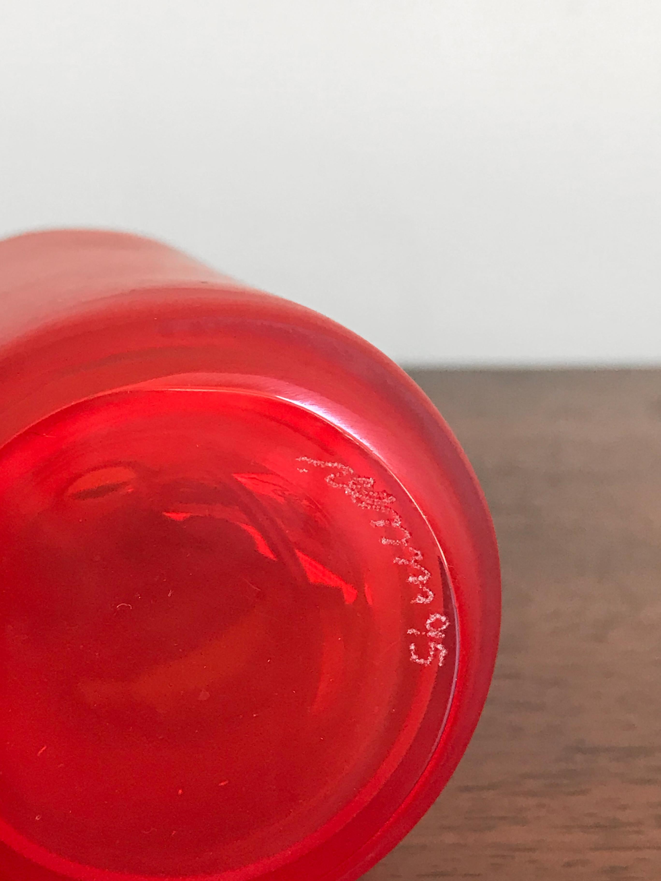 Post-Modern Venini Murano Italy Glass Red Bottle Serie “Velati”, 1995