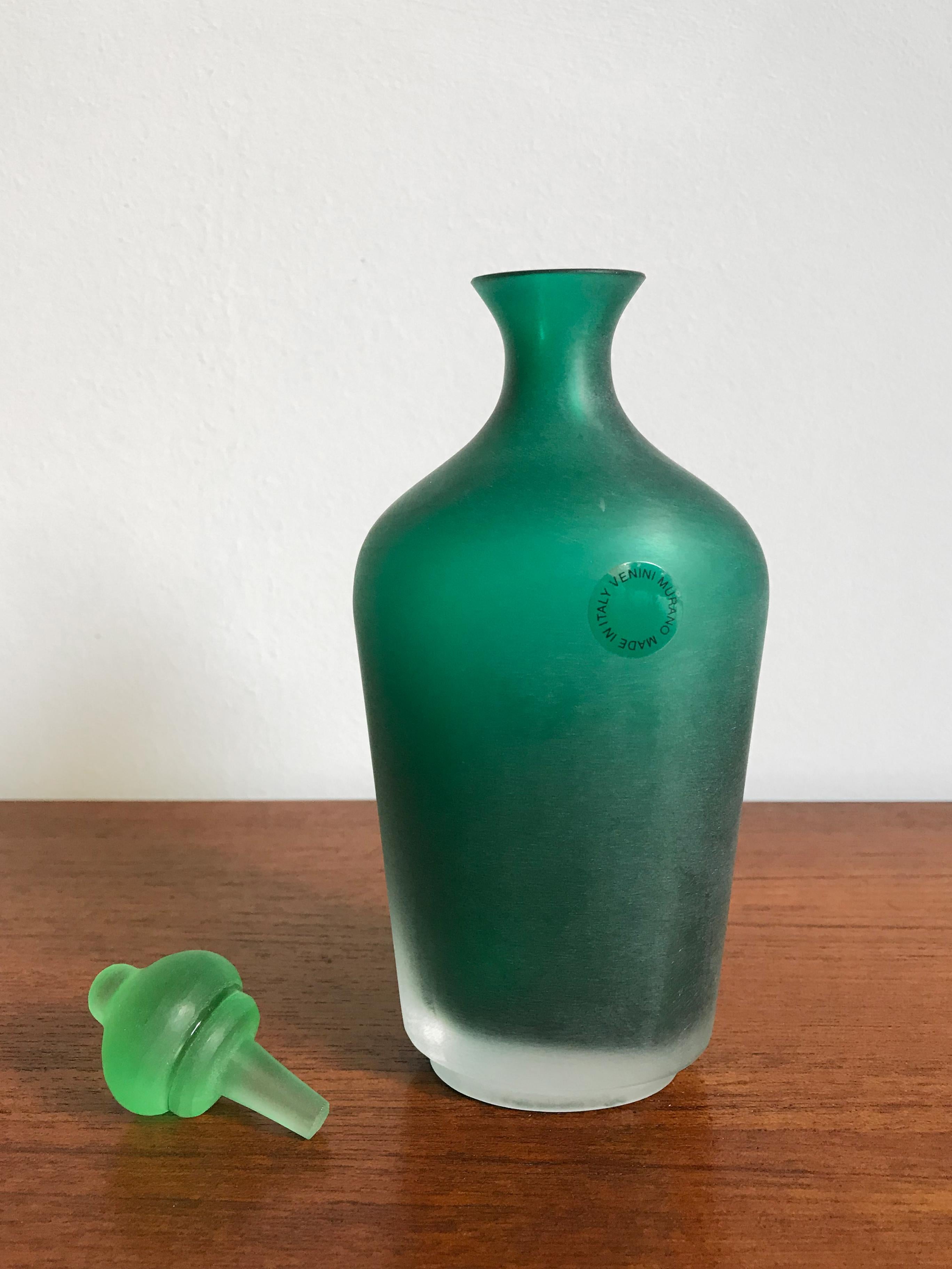 Post-Modern Venini Murano Italy Green Glass Bottle Serie “Velati”, 1996 For Sale